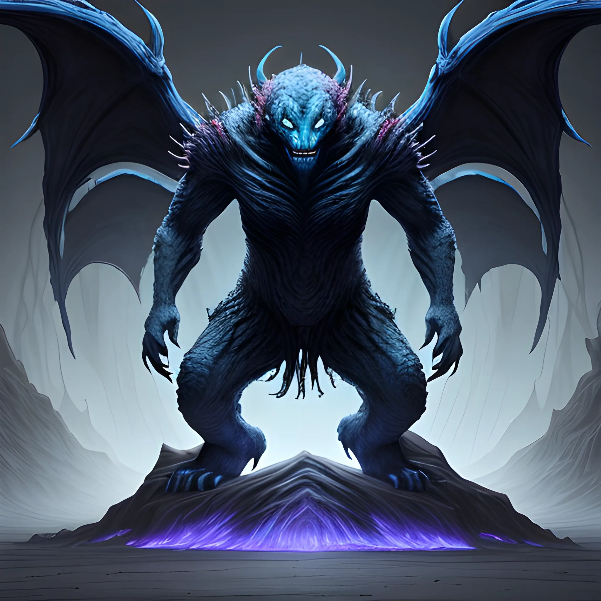 

Create an awe-inspiring digital painting of a terrifying monster creature with blue skin and glowing yellow eyes by J.R.R. Tolkien's universe.  The creature is inspired by Kentaro Miuras artwork as well. The background for the creature should be a dark night in the desert. The artwork should be rendered in ultra-high 8k resolution to capture the essence of the terrifying monster