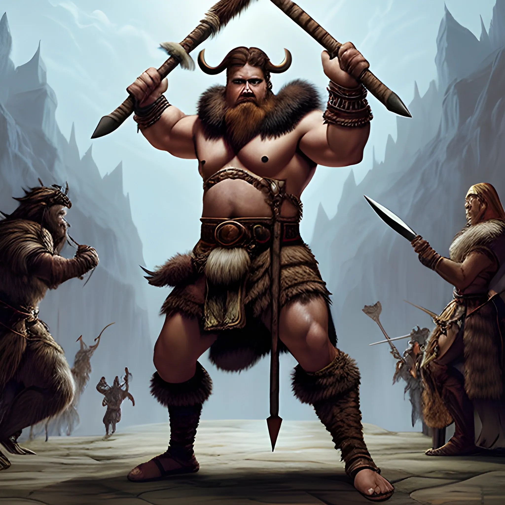 Dungeons and Dragons masterpiece a full body action image of a human man barbarian wearing furs holding a great ax over his head.