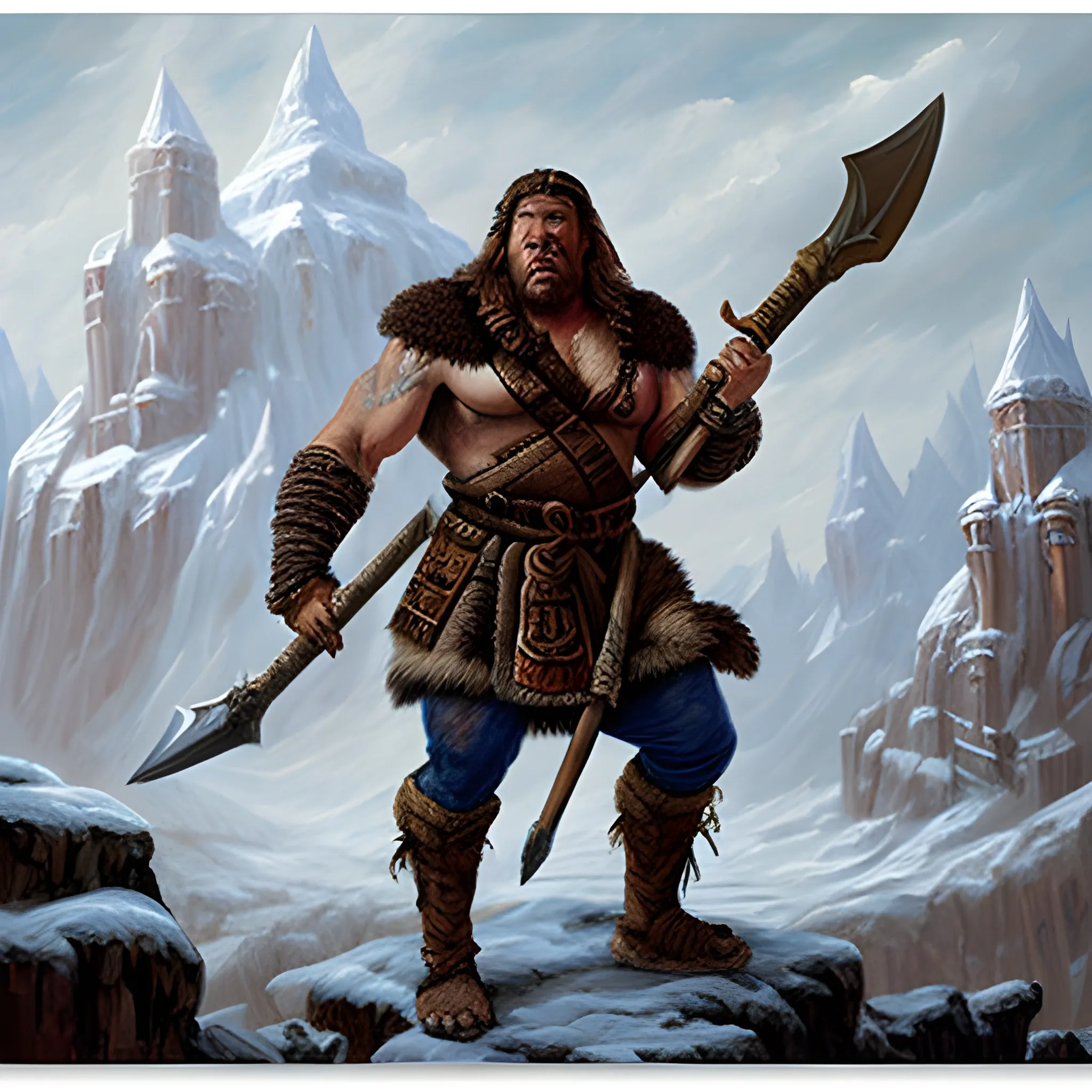 Dungeons and Dragons masterpiece a full body action image of a human man barbarian wearing cold weather furs holding a great ax over his head., Oil Painting