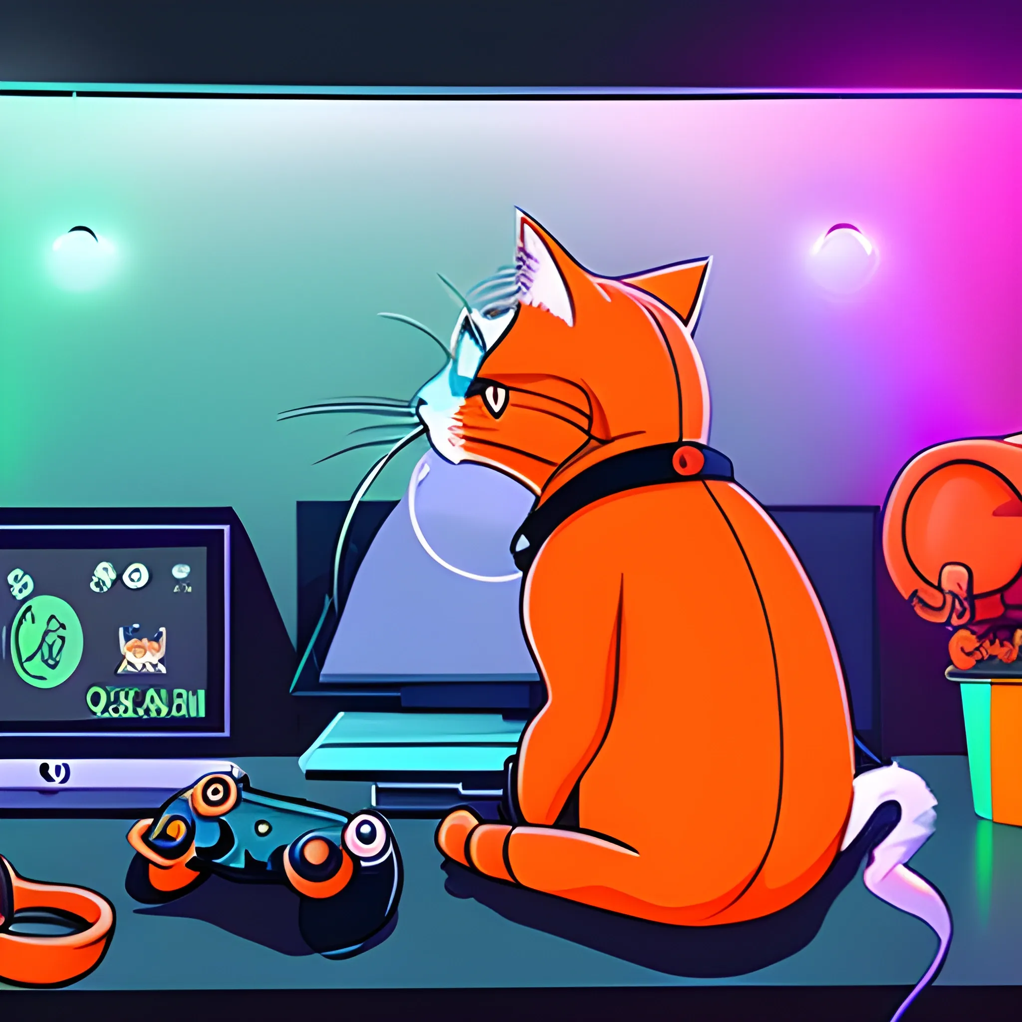 A animated cat orange playing videogames, sitting in a greatfull and colorfull setup gamer, Cartoon