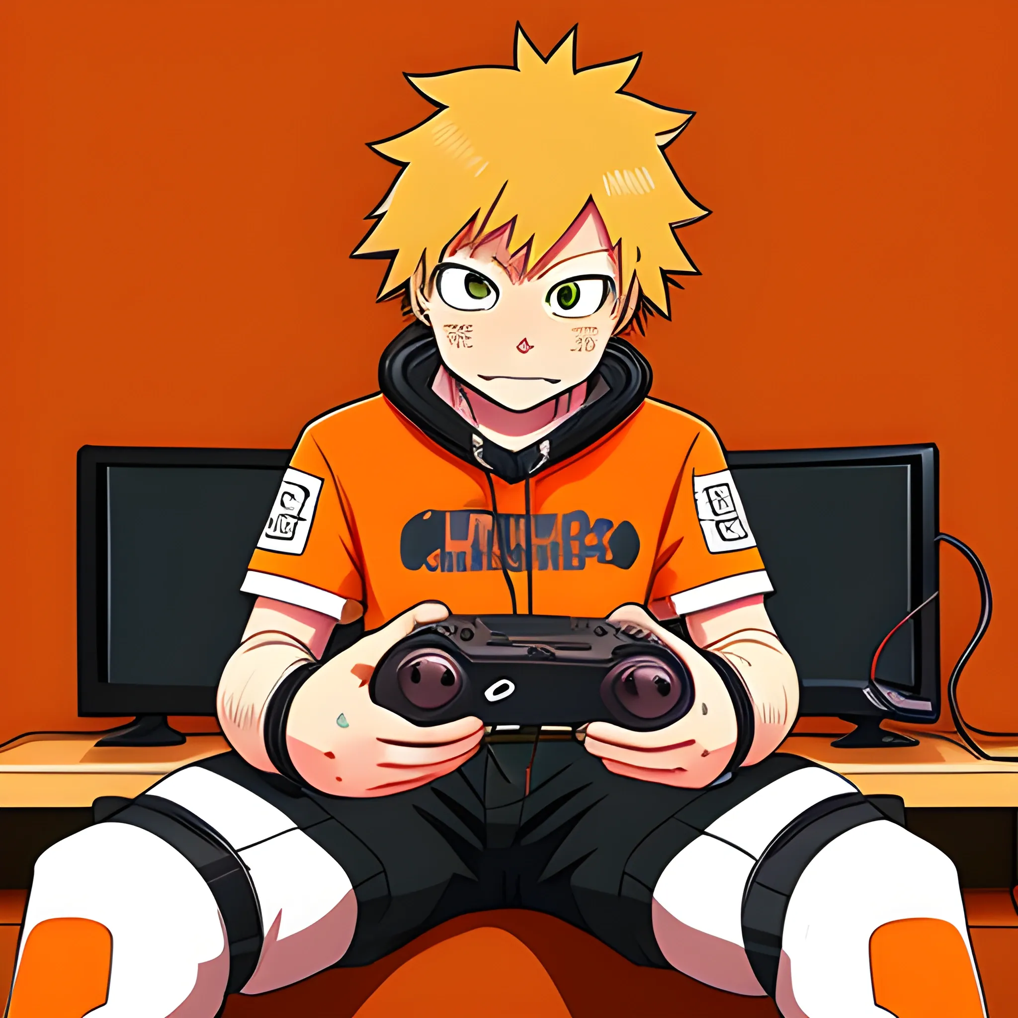 A orange tabby cat gamer with brown eyes, playing videogames, sitting in a greatfull and colorfull setup gamer, my hero academia anime style