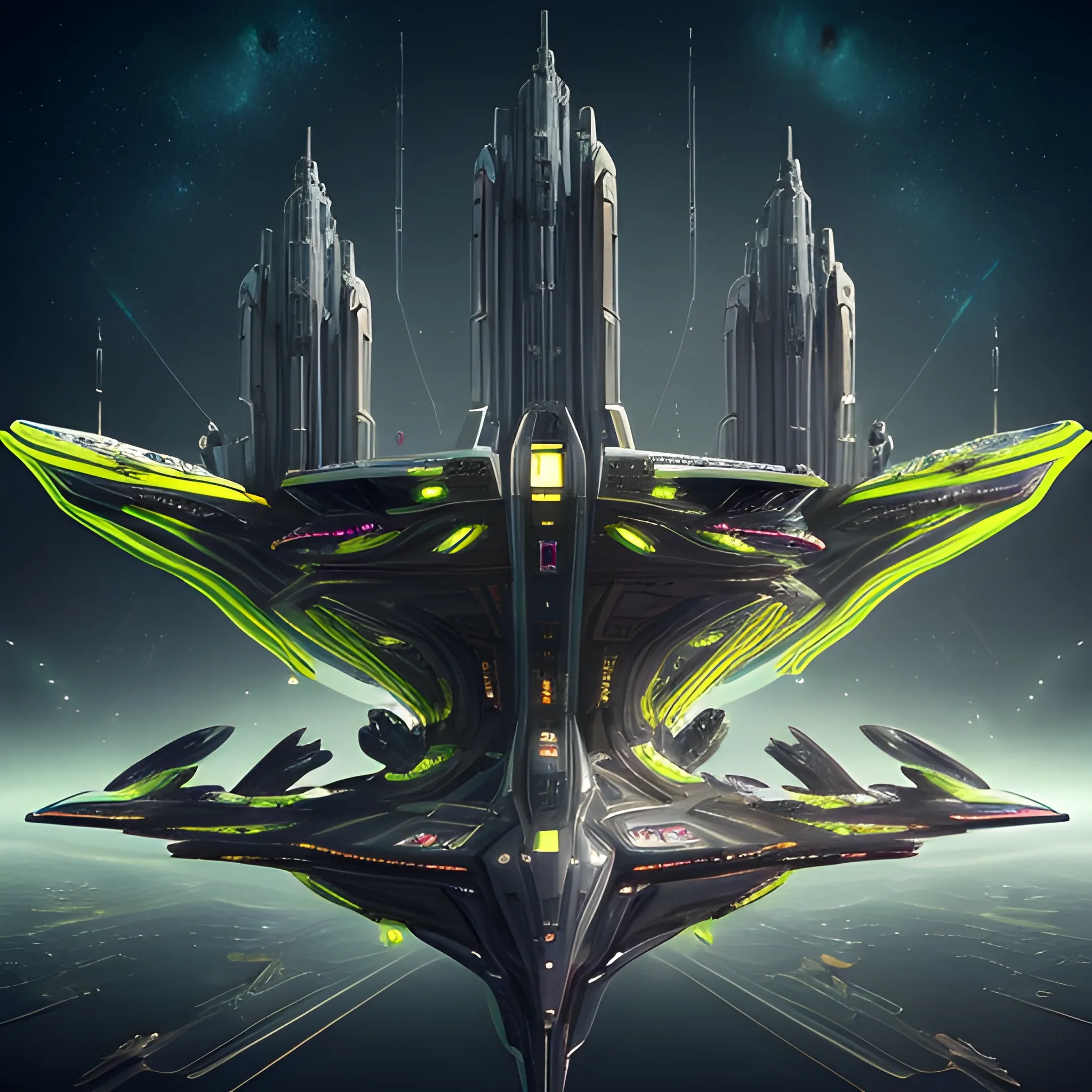 A futuristic cityscape with towering spaceships docked at massive vertical platforms. These platforms are interconnected, forming a web-like structure against the backdrop of a vast cosmic expanse. A captivating and otherworldly scene featuring a grand, ornate starship that exudes a vibrant and futuristic vibe. The starship is adorned with golden patterns and glowing green circles, emitting a sense of advanced technology. Its elongated engines stand out on either side, with a sleek pair of Lamborghini-inspired sneakers as the upper section, featuring a bold yellow and green matte color scheme. The sneakers' industrial steampunk upper and motherboard-like sole capture the essence of speed. The sky above is filled with stars and the Milky Way galaxy, adding to the enchanting and dark fantasy atmosphere of the scene. This cinematic photo is a perfect blend of architecture, fashion, and vibrant 3D render, capturing the essence of dark fantasy, architecture, and fashion in a captivating manner.The ships are intricately designed, with a mix of white, red, and gray colors. A cinematic 3D render of a captivating and otherworldly scene featuring a grand, ornate starship with advanced motherboards and very advanced diodes.