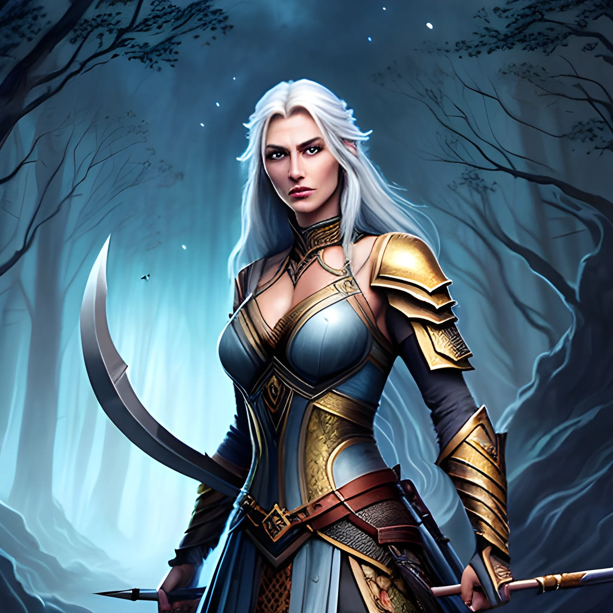 An epic book cover illustration for a fantasy novel titled "The Children of the Moon." At the center, a young and elegant female figure (Luna/Solveig) with honey-colored tan skin, long silver hair that shines with its own light, and deep blue eyes filled with determination and kindness. She stands in a powerful pose, with an expression of courage and serenity, surrounded by a mystical aura that reflects her connection with nature and draconic powers.

In the background, a dark and magical forest with towering trees and mythical creatures like giant wolves and forest spirits. To Luna’s left, a muscular warrior (Absjorn), with Viking and samurai-like features, dressed in rustic armor and holding a sword, ready to protect. To her right, a young archer (Eirik) with fair skin, clean-shaven, holding his bow with a determined look. The atmosphere should be mystical, with shadows and lights creating an ambiance of adventure and danger, highlighting the struggle against dark forces and the hope the characters represent.

Dominant colors: cool and dark tones (blues, grays) contrasted with silvery and golden lights emanating from the characters and their auras. The title "The Children of the Moon" should be in large, stylized, and slightly ancient letters at the top of the image., Water Color, Oil Painting