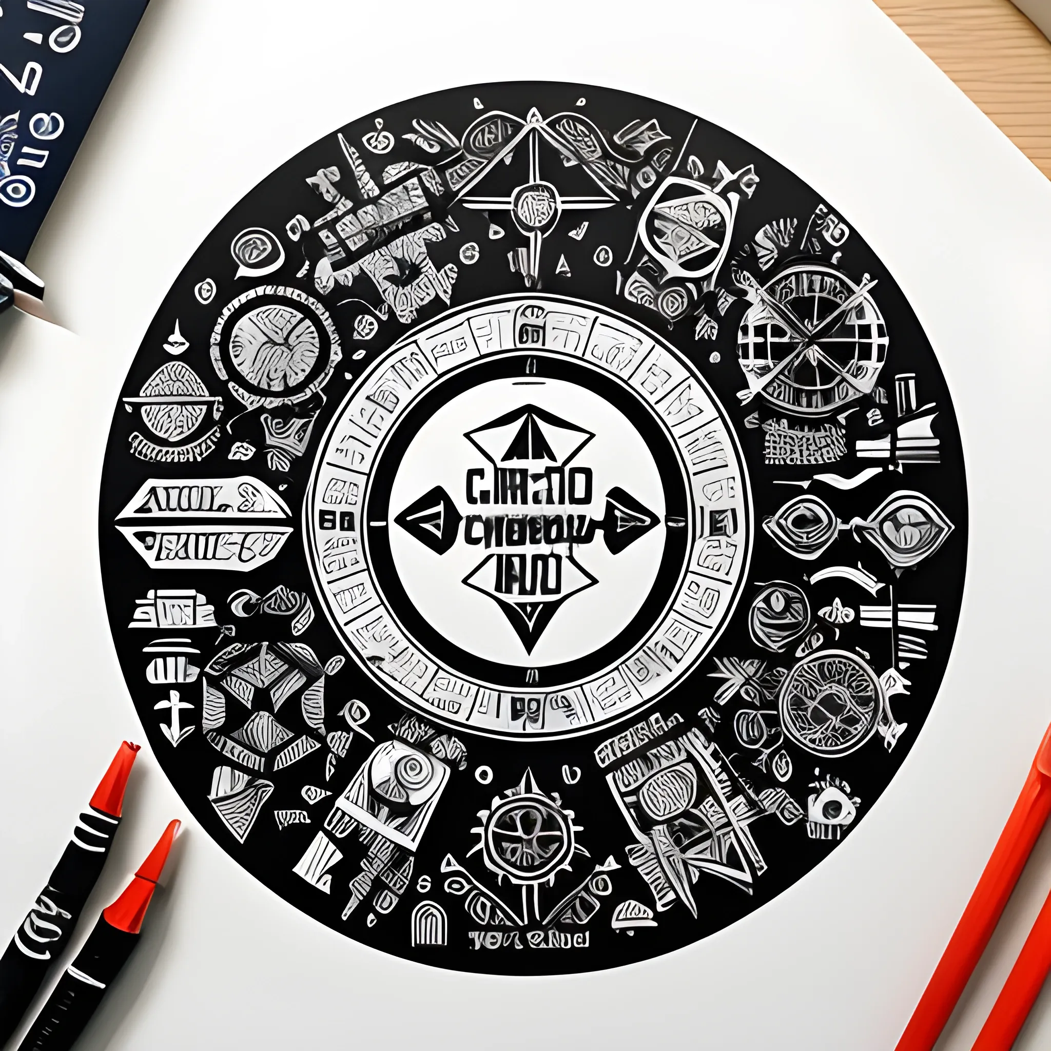 crie uma arte de tatuagem que represente o mundo da programação. No centro, coloque um símbolo de uma linguagem de programação, como kali linux, Python e Java. Ao redor, adicione elementos como chaves de código, ícones de tecnologia, e padrões geométricos. Inclua uma citação inspiradora sobre programação em um estilo de caligrafia. O design deve ser em preto e branco, com um estilo detalhado e artístico.