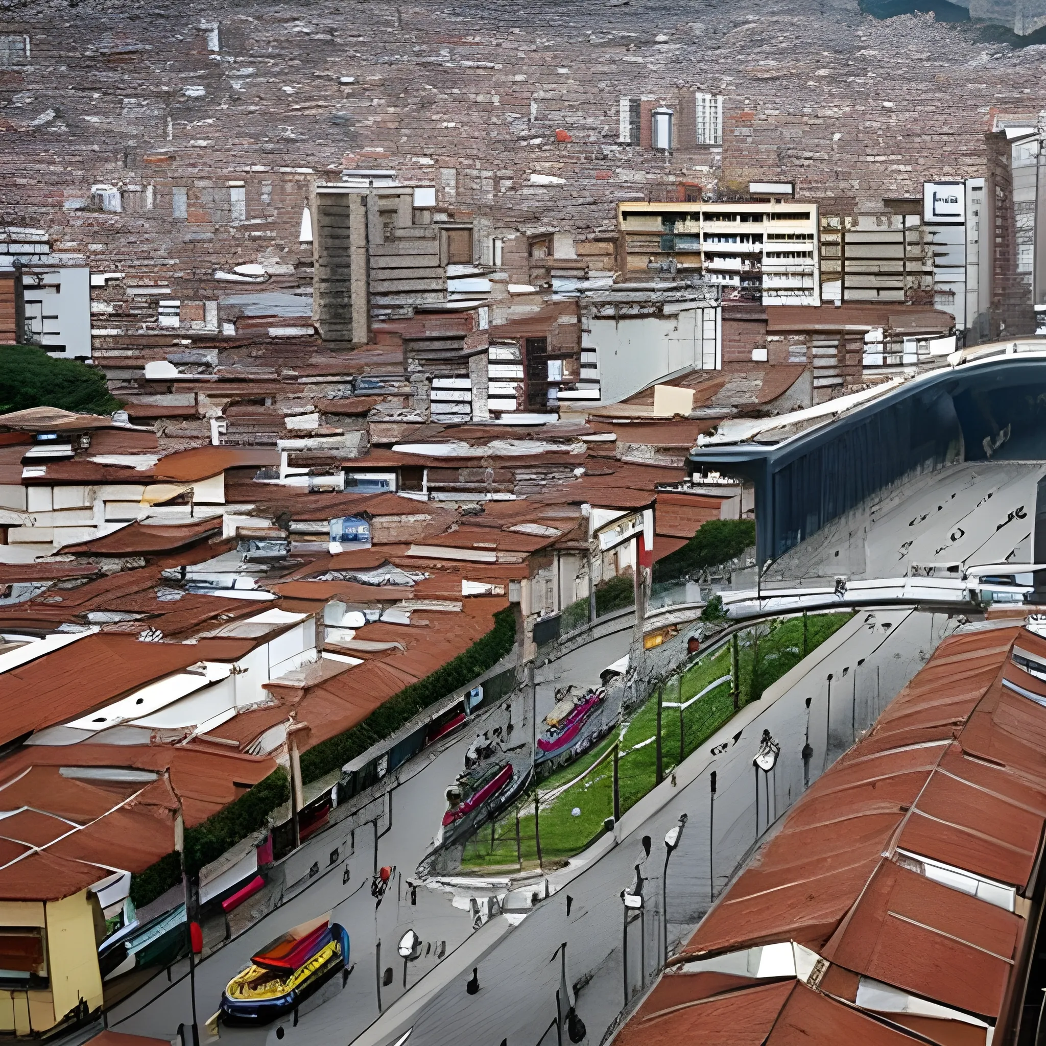 Crea una foto de una Bogotá en un mundo fantástico, donde es una ciudad costera, junto a un acantilado en un mar muy furioso, en la que todos los colores que predominan estan en escala de grises expresando soledad, y que se vean transmilenios negros