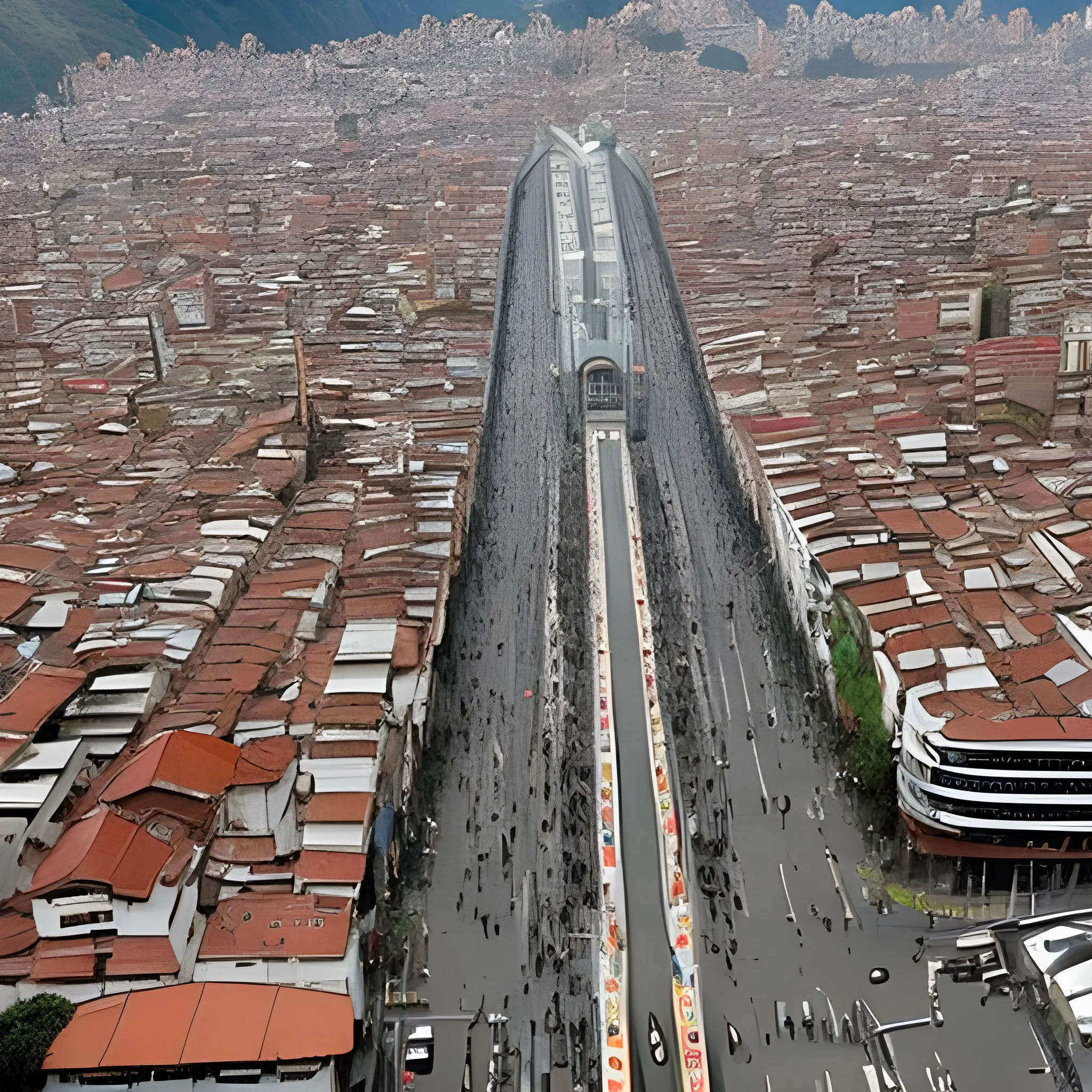 Crea una foto de una Bogotá en un mundo fantástico, donde es una ciudad costera, junto a un acantilado en un mar muy furioso, en la que todos los colores que predominan estan en escala de grises expresando soledad, y que se vean transmilenios negros