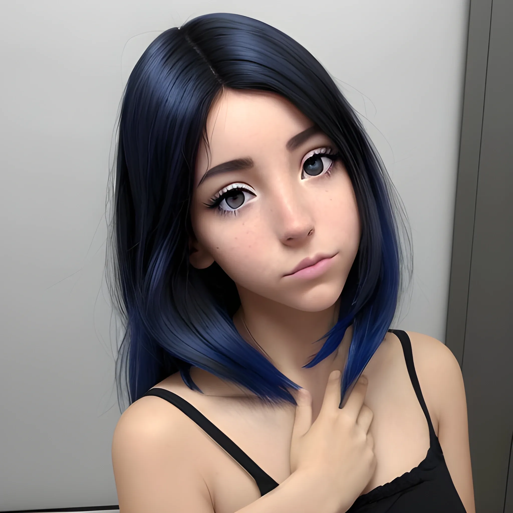 has la imagen de una chica con mezcla de asiática y polaca que tenga los ojos azules y el cabello negro, como si fuera real.
