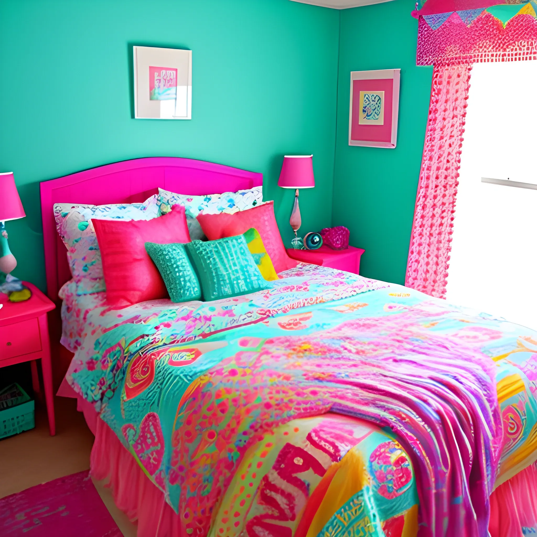 A bright, colorful bedroom with a messy bed covered in blankets.
, Water Color