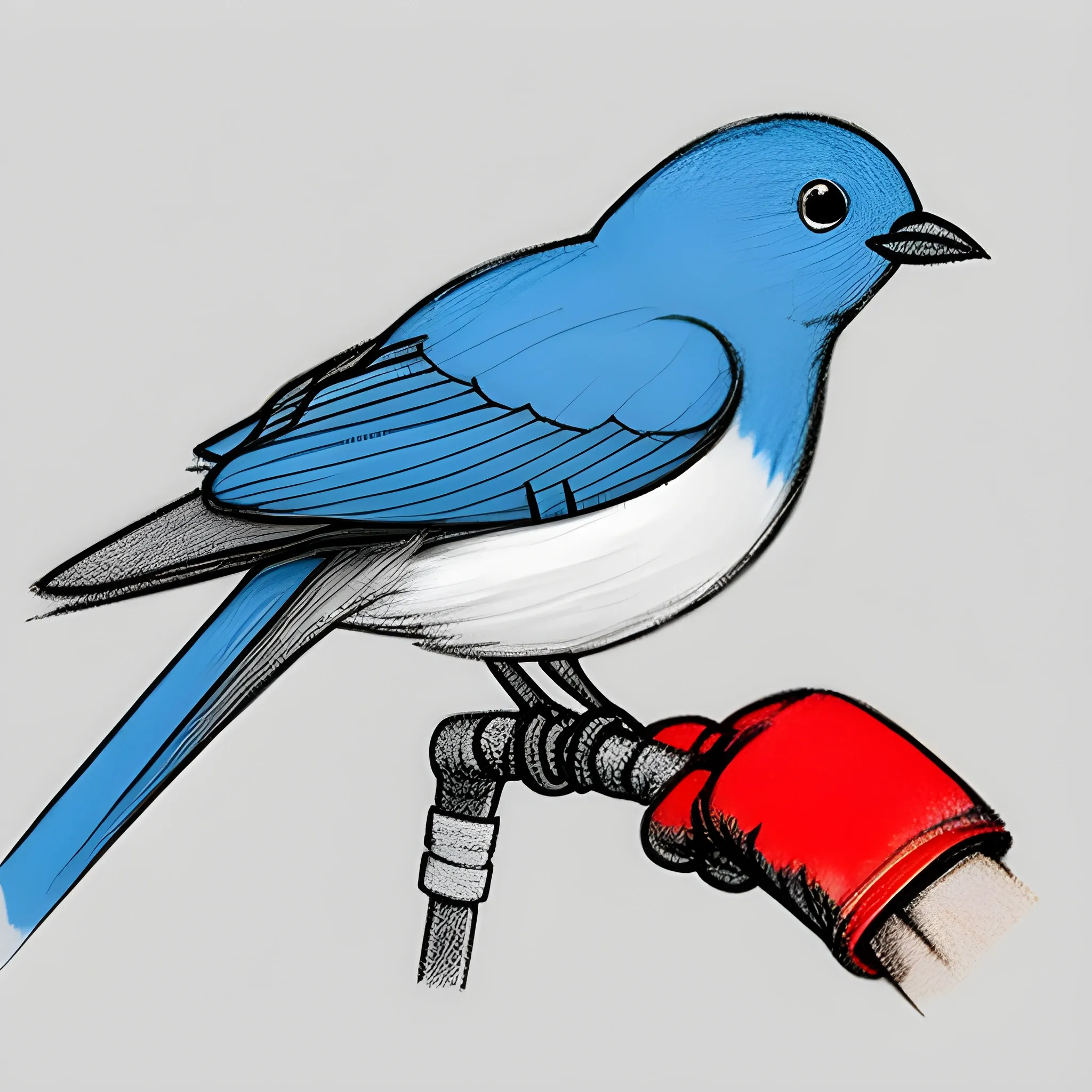 , Pencil Sketch, A blue bird perched on a branch or on leaves, with red boxing gloves hanging by their laces from the bird's beak. The design should be simple and stylized, focusing on clean lines and clear details. The bird's feathers and the shape of the boxing gloves should be well-defined, with a minimalistic yet dynamic look.