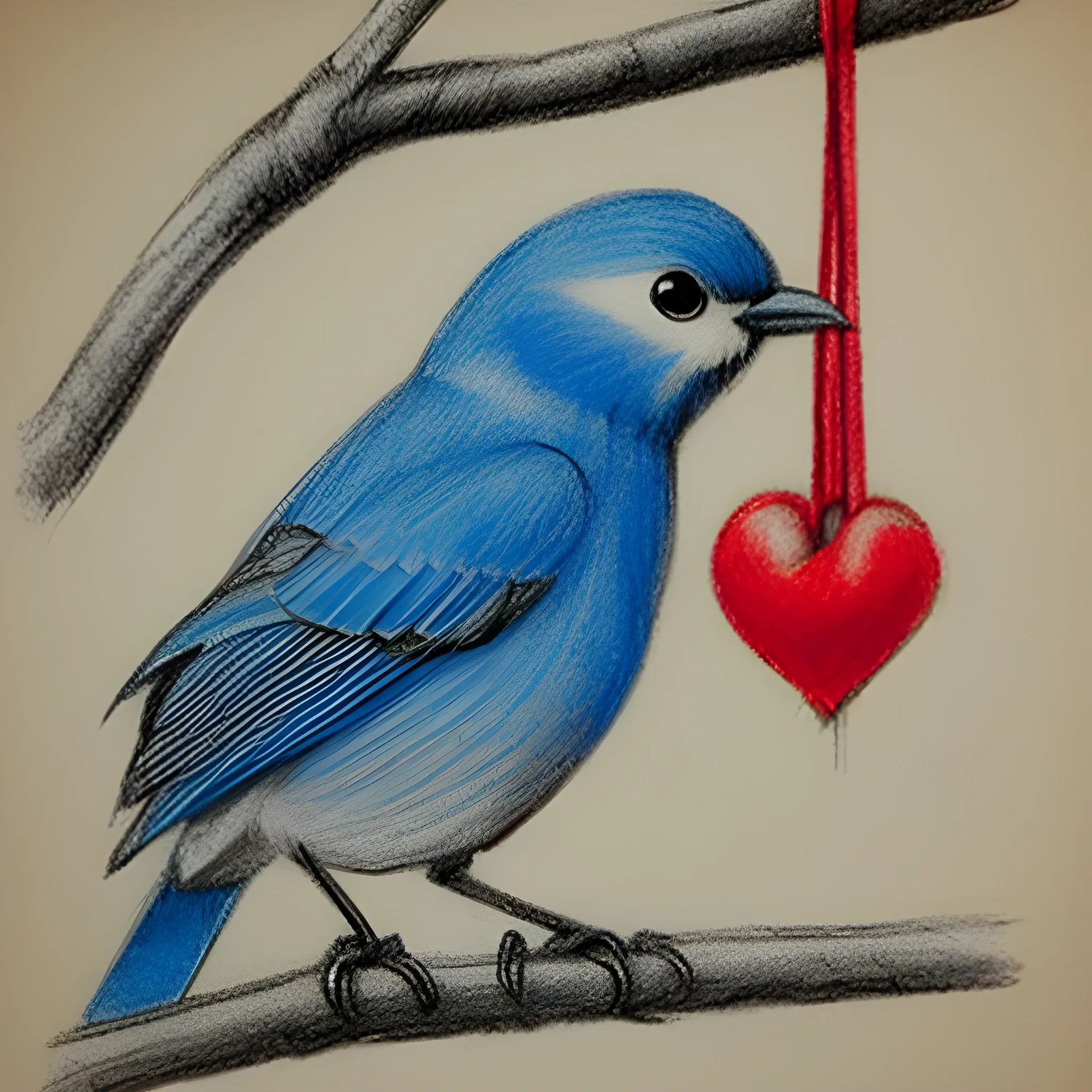 , Pencil Sketch, A blue bird perched on a branch with red boxing gloves hanging by their laces from the bird's beak. The bird must be looking to the front