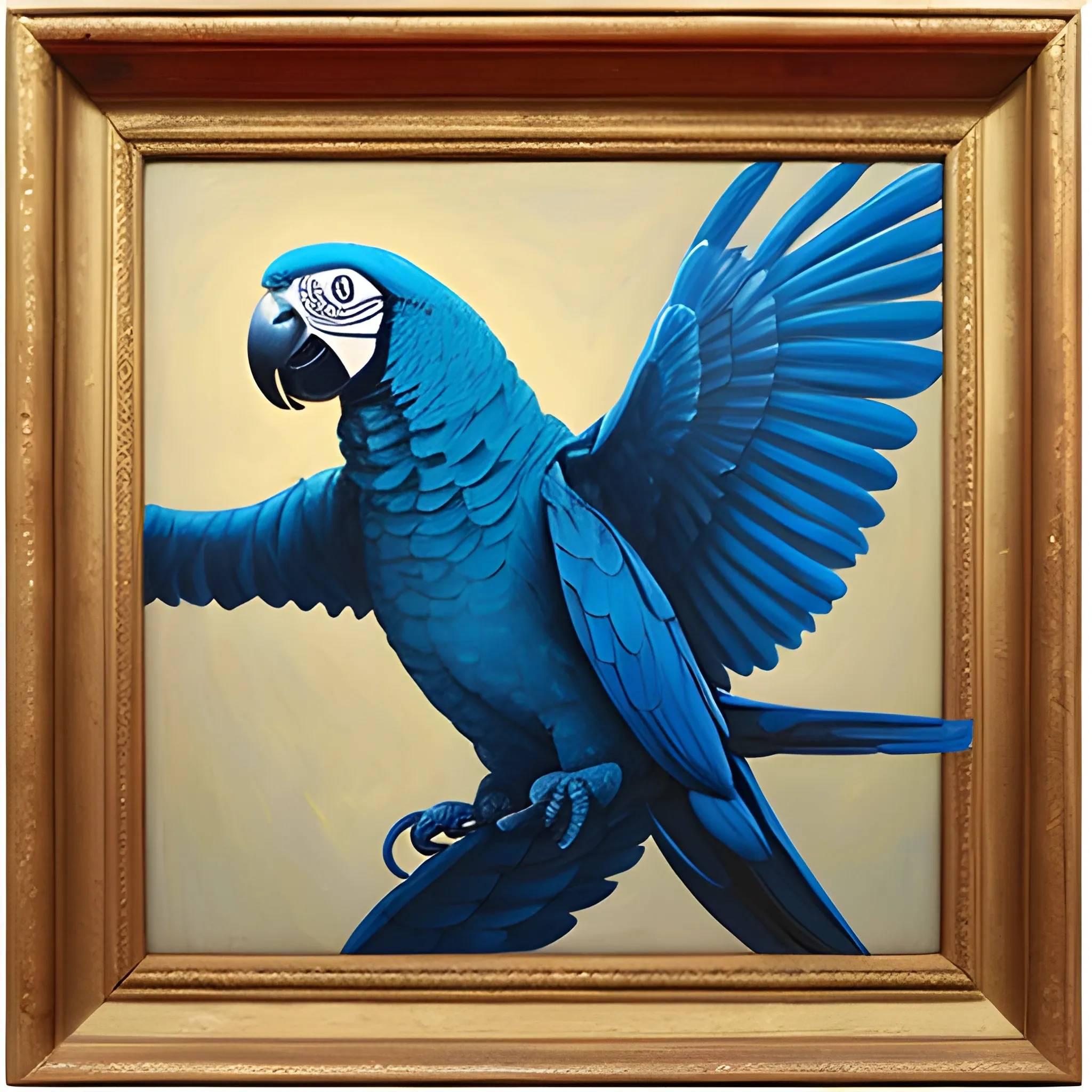 , Oil Painting, A blue parrot Flying and carry red boxing gloves with his mouth