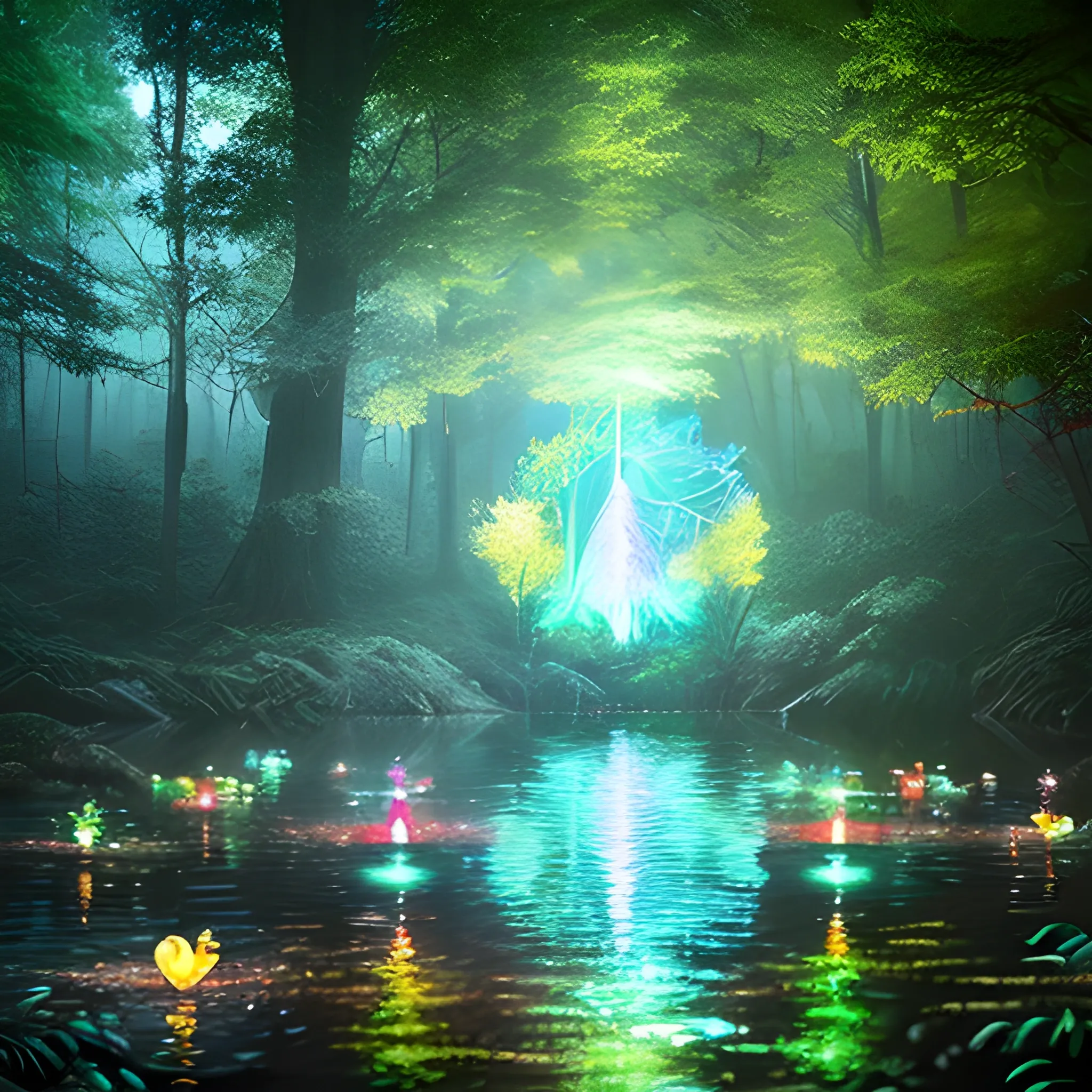 Un bosque hiperrealista encantado con luces espirituales flotando y símbolos antiguos grabados en los árboles, creando una atmósfera mágica