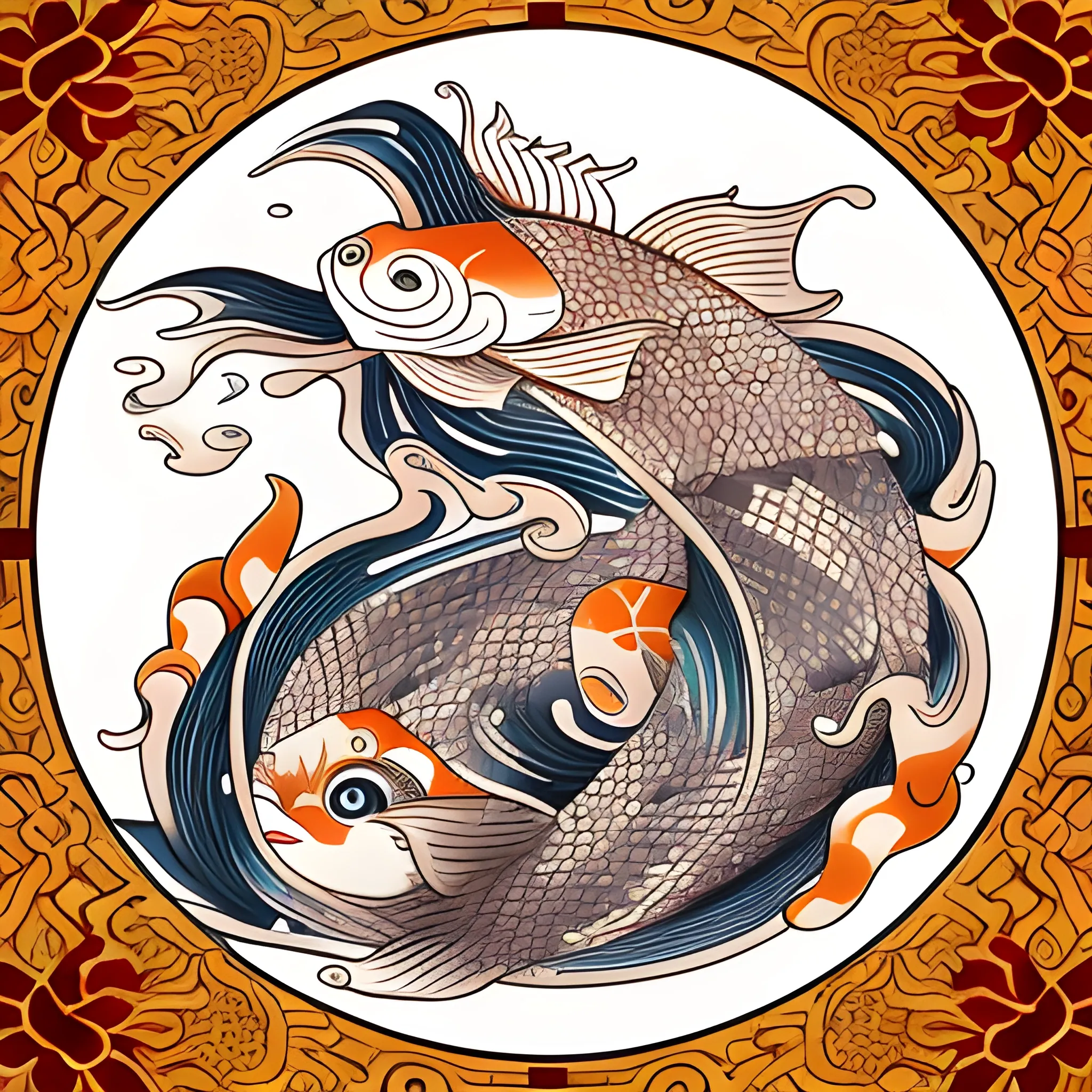 Create a traditional Japanese tattoo logo featuring Ebisu, the god of fortune. He should be joyfully riding a large koi fish, symbolizing prosperity and good luck. Ebisu must have a round, cheerful face with a gentle smile, wearing a traditional Japanese hat and clothing. He should be holding a bamboo fishing rod in one hand, while the other hand holds a bag, ensuring that his proportions are balanced and harmonious. Include intricate details in his attire, such as patterns and textures that reflect traditional Japanese art. The koi fish should be dynamic, with flowing fins and scales that add movement to the design. Use bold outlines to enhance the details and ensure the logo is striking and memorable, suitable for a tattoo, Cartoon