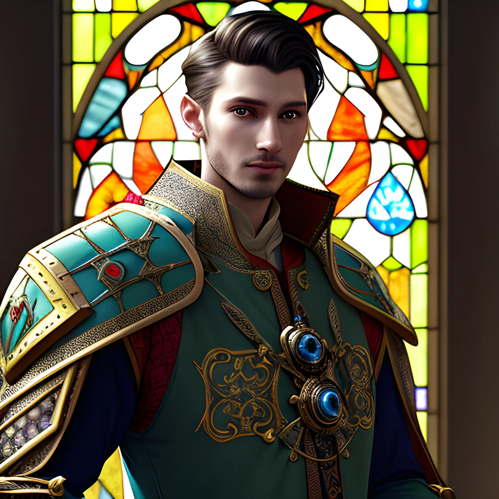 Medieval Noble, fantasy, stylish, elegant, wearing stained glass jacket, ray tracing, high details, sharp focus, concept art, a male