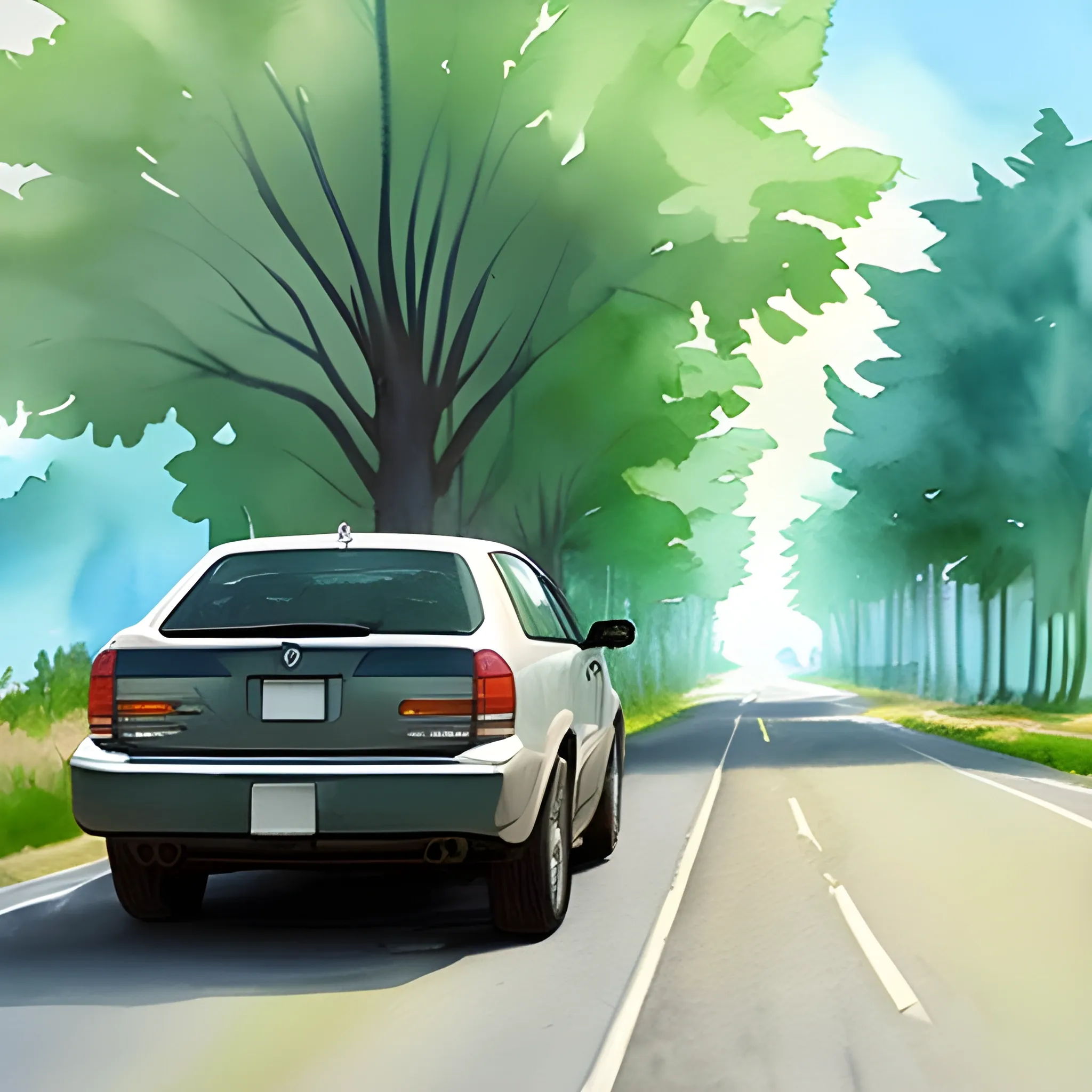 Create a vehicle on the road that can be seen from behind and I specifically want tree leaves coming out of the exhaust., Water Color