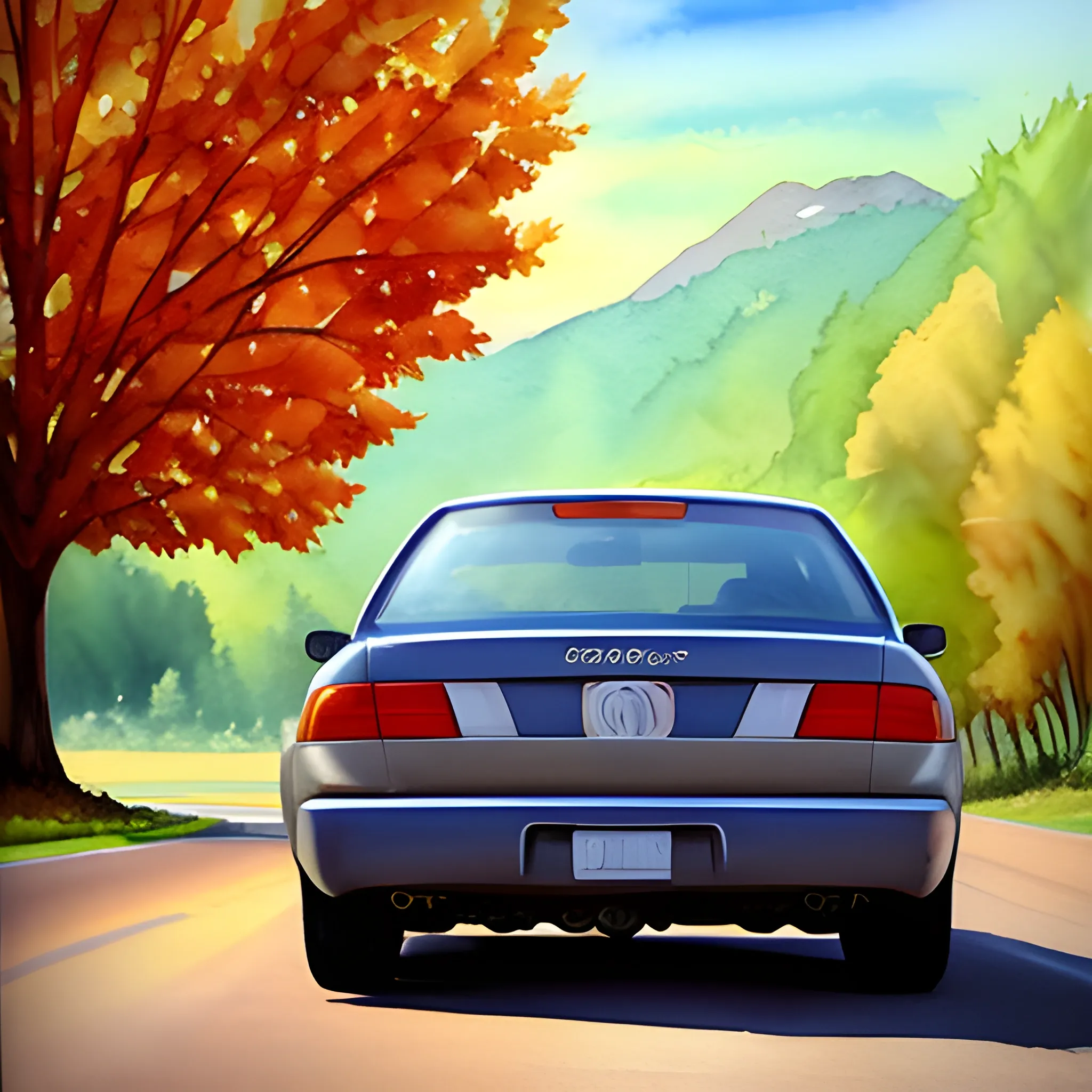 Create a vehicle on the road that can be seen from behind and I specifically want tree leaves coming out of the exhaust., Water Color, Oil Painting