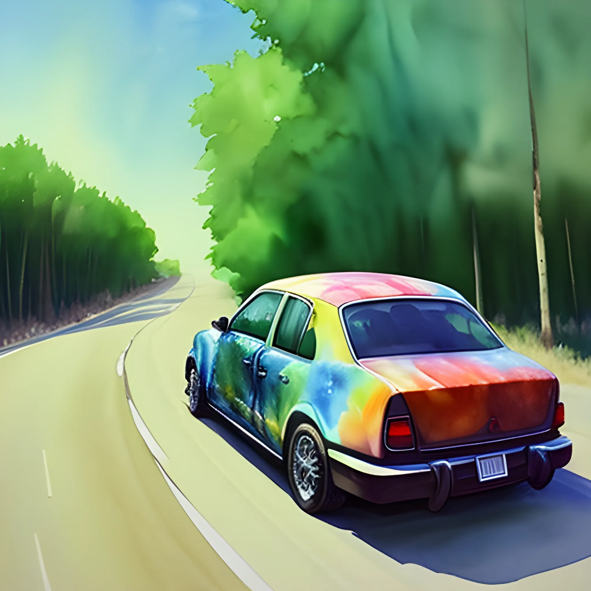 Create a vehicle on the road that can be seen from behind and I specifically want tree leaves coming out of the exhaust., Water Color, Oil Painting, Trippy