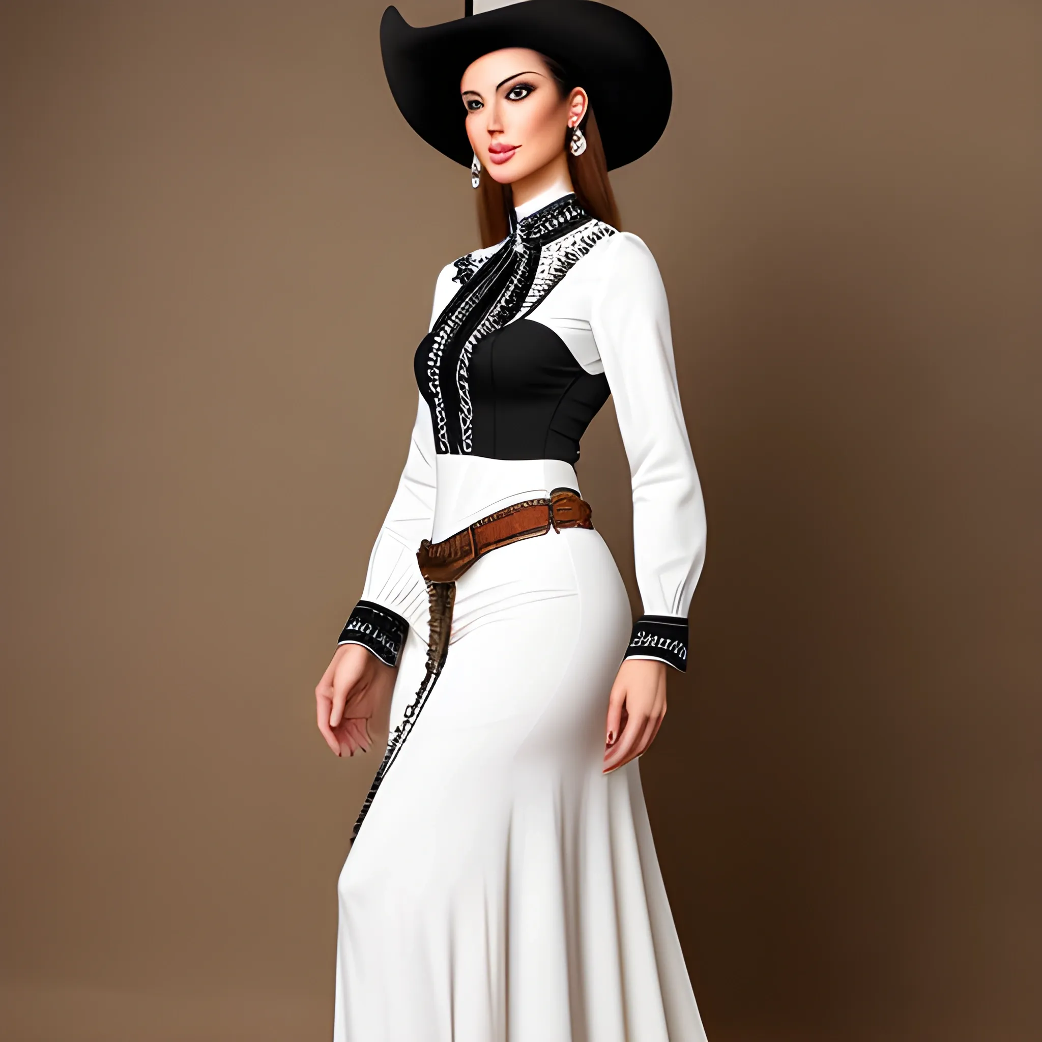 A beautiful western cowgirl, exquisite clothing and accessories, full body shot, professional photography