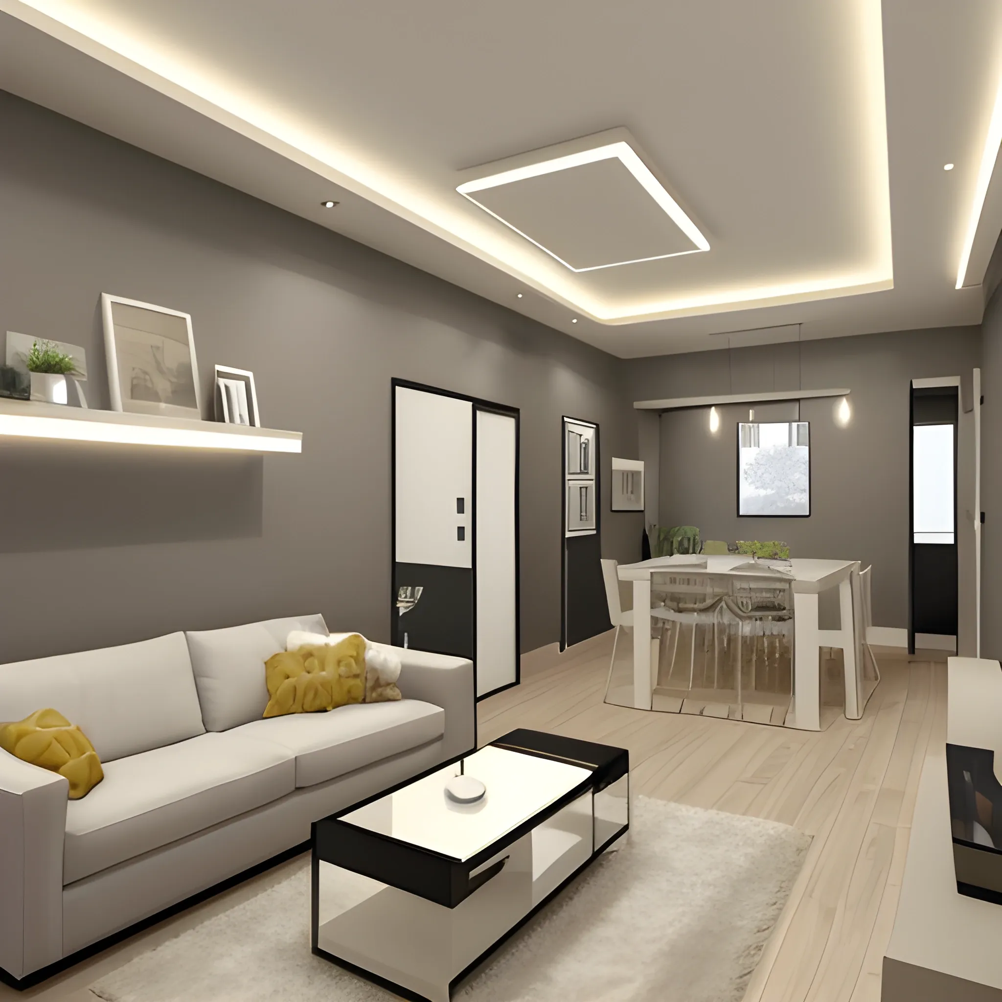 A  modern interior design for a room in an apartment measuring 5 length, 3 width, height 3 m, 3D