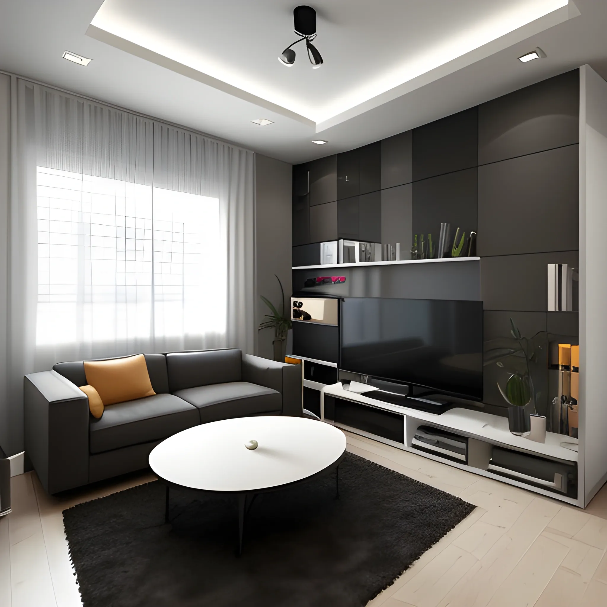 A  modern interior design for a room in an apartment measuring 5 length, 3 width, height 3 m, with wallpanels, dark color, 3D