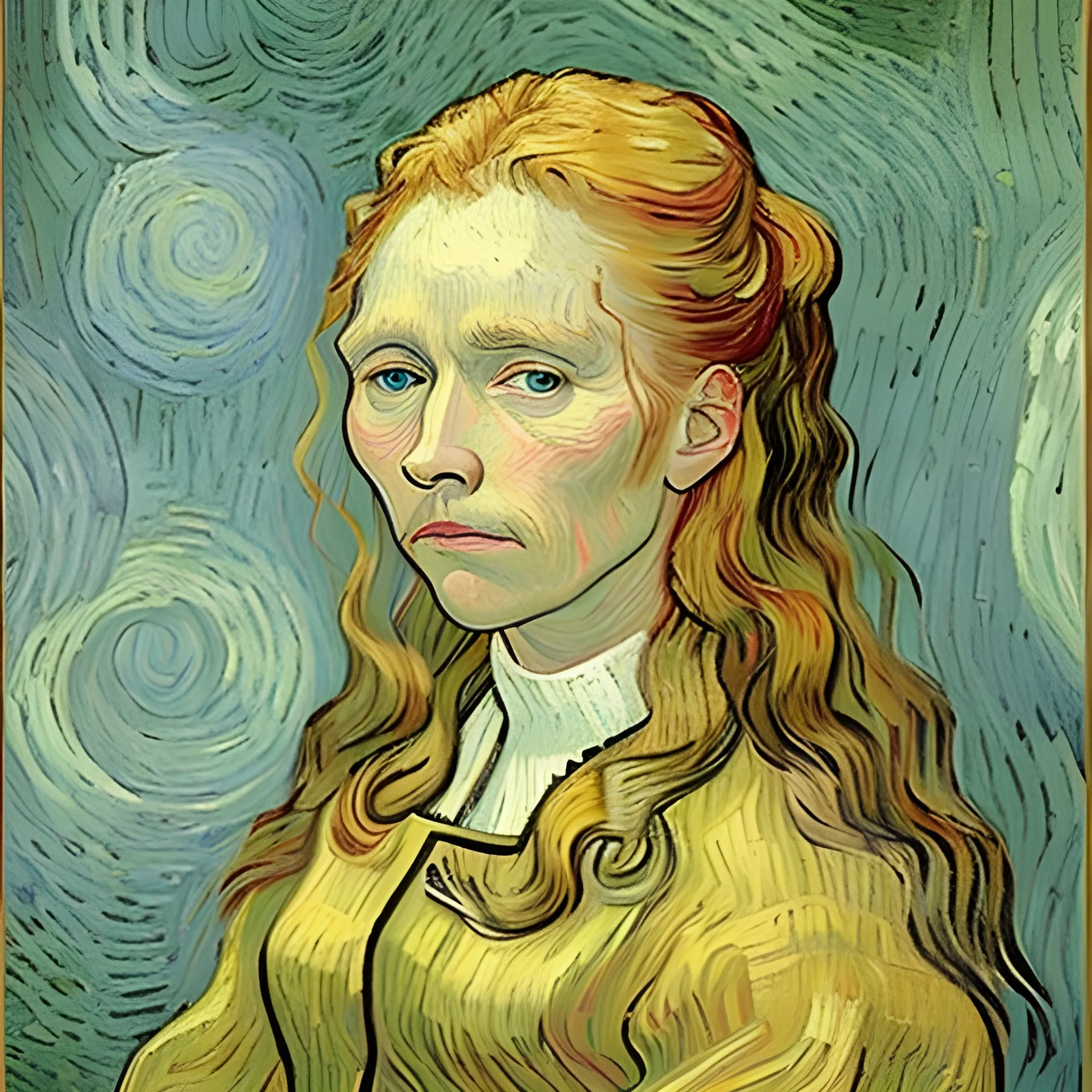  a woman with long hair art by Van gogh. oil on canvas. Realistic, oil painting