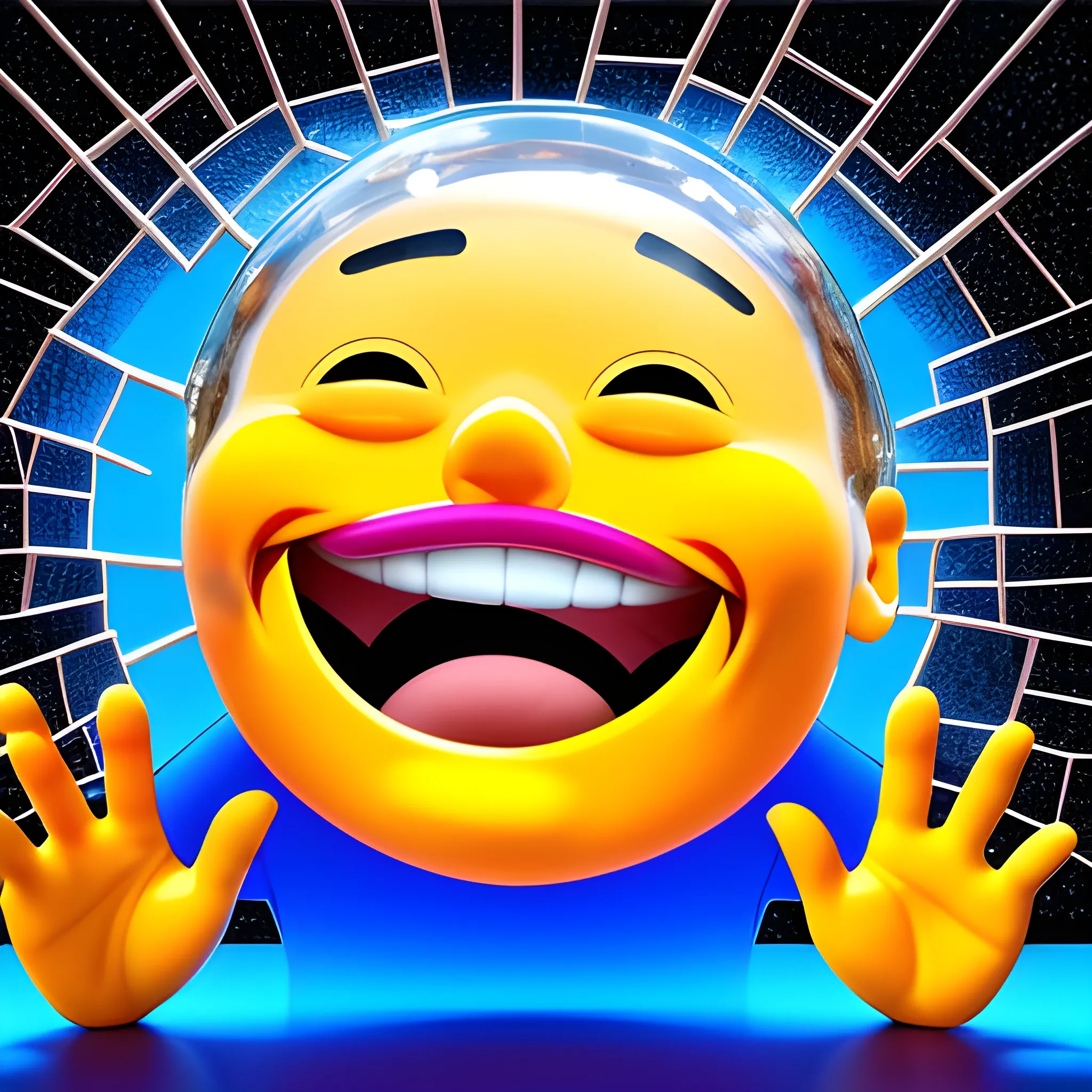 a laughing emoji crashing into a glass window, the glass is cracked, his face is stuck to the glass and his hands spread out from the impact, funny, 3d, bright colors, high def, 4k, Cartoon