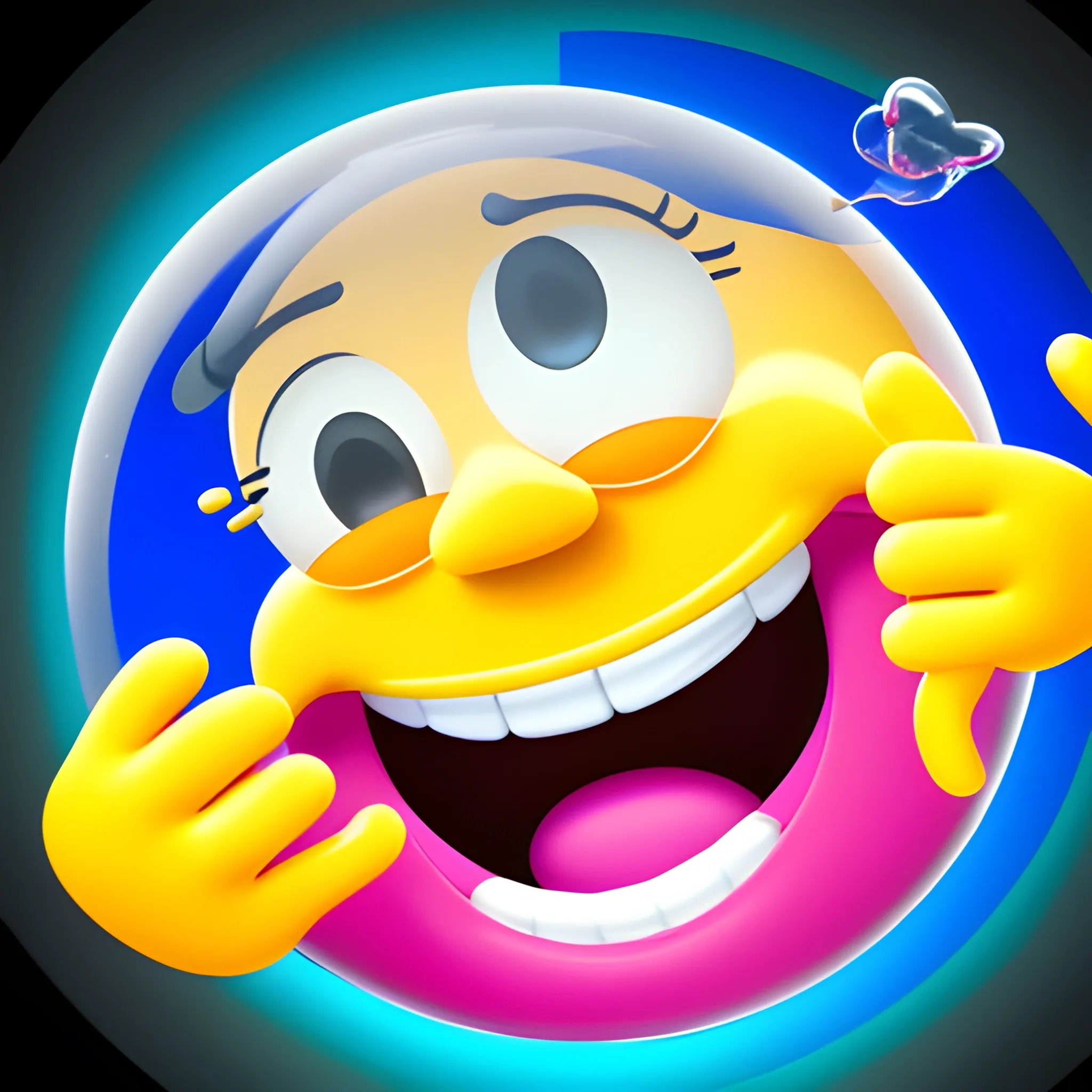 a laughing emoji crashing into a glass window, the glass is cracked, his face is stuck to the glass and his hands spread out from the impact, the camera is behind the glass, funny, 3d, bright colors, high def, 4k, Cartoon