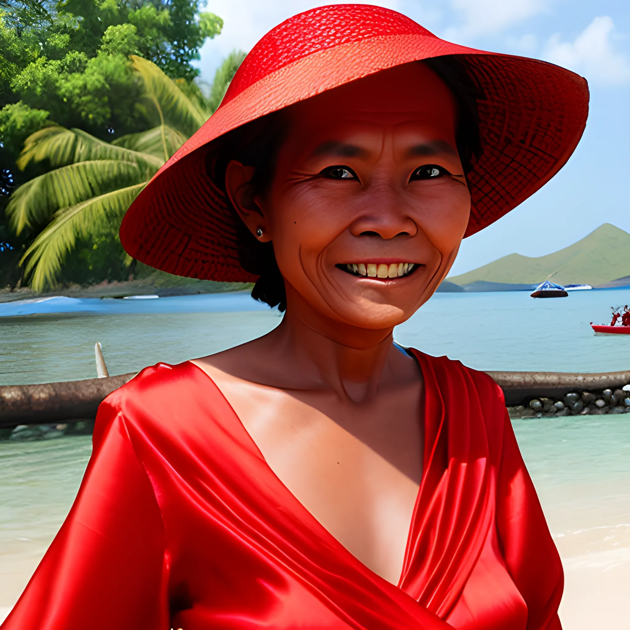 woman in red silk komodo smiling at the camera revealing a shoulder