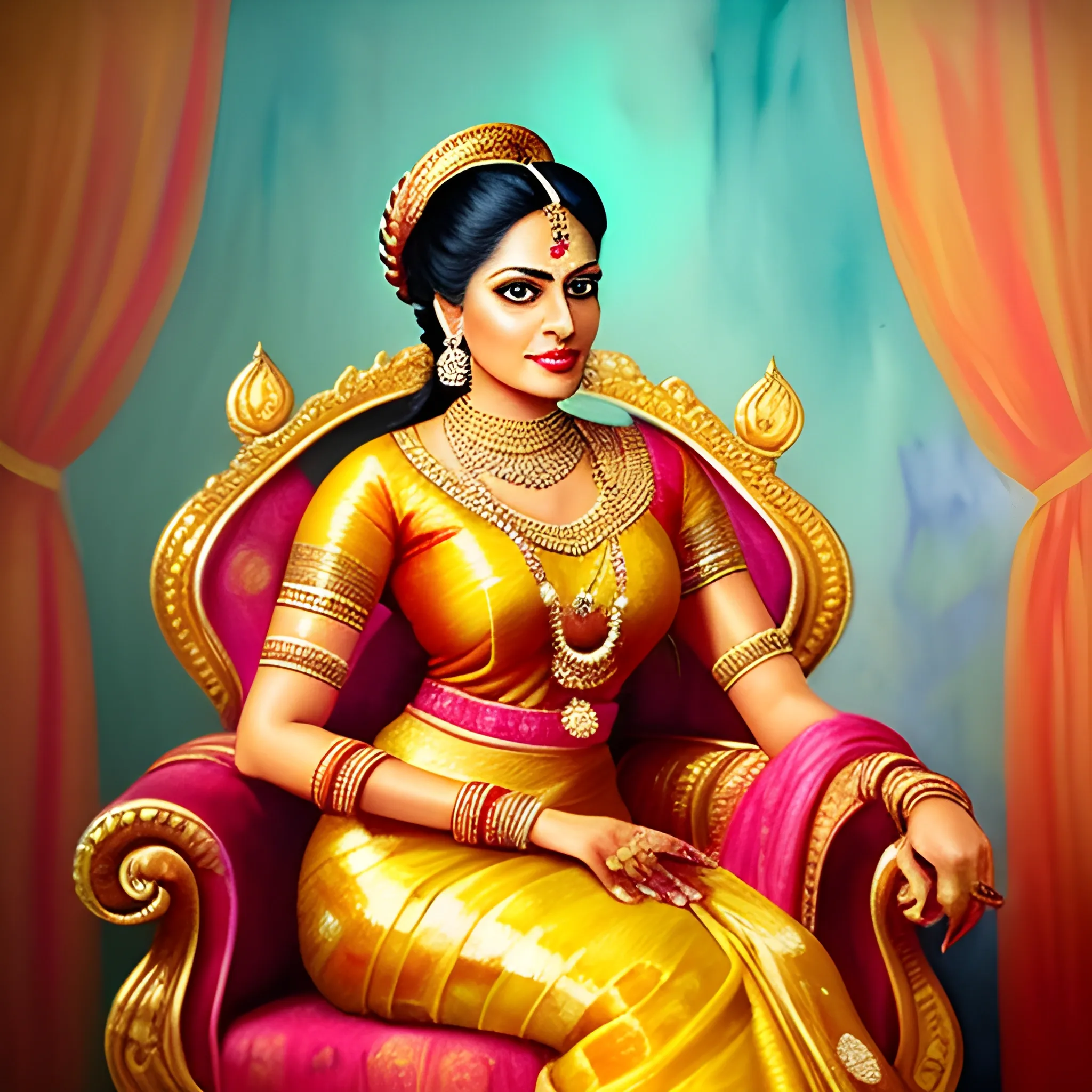 Vintage photo style, and digital oil binding style, portrait, sitting on a chair, on a royal chair, watercolor paint background, tamil young woman, decorated, and wearing mordan dress, watercolor color painting art, surreal painting, dreamy atmosphere, vibrant colors, soft Lighting, Detailed Features, Indian Traditional Wedding Dress, High Quality, Surrealism, Dream, Vibrant, Soft Lighting, Surreal Painting, Indian Impressionism, Oil Painting, Light Color, Water