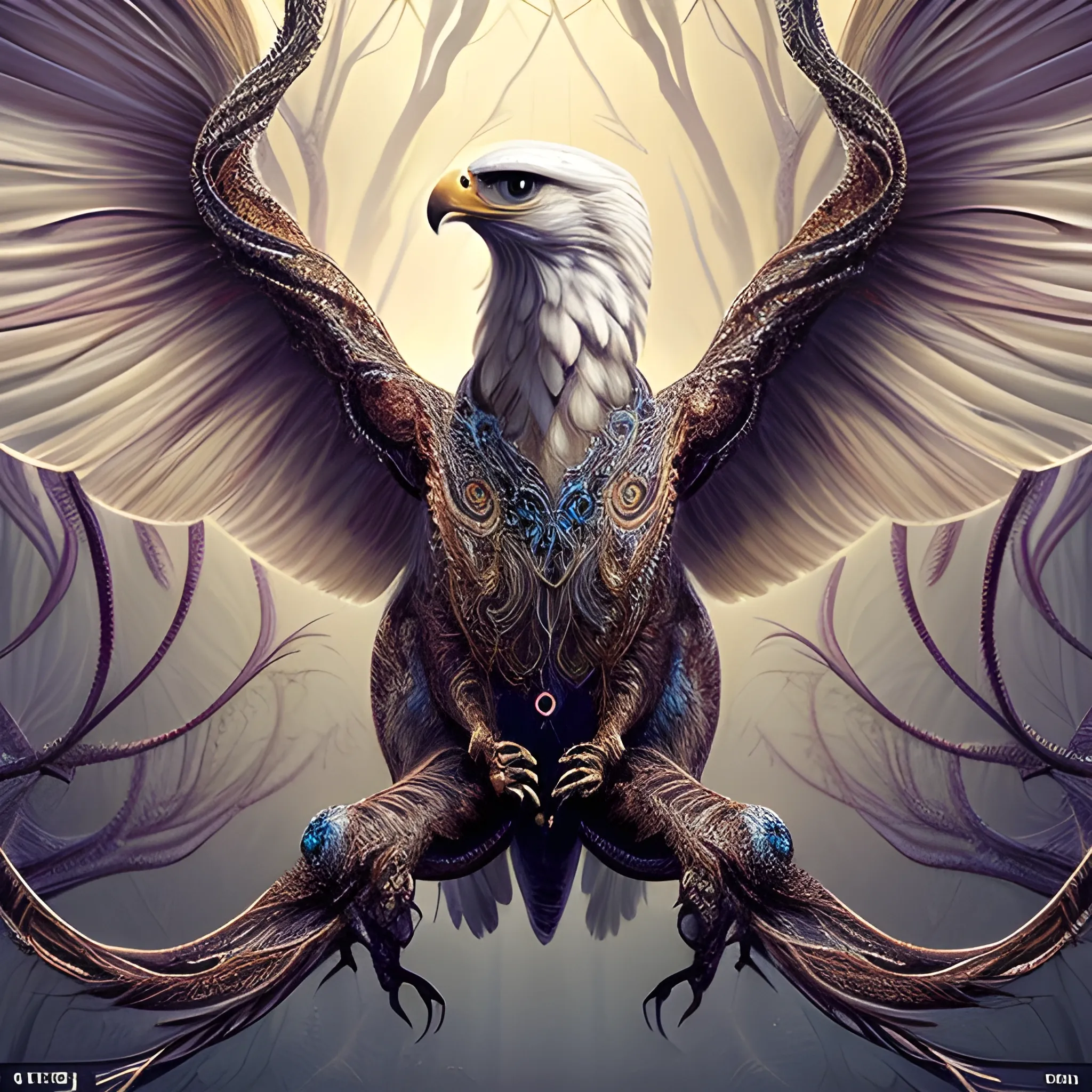 In this stunning image, a gracefully melded creature emerges - a magnificent union of an eagle and a spider. The eagle's sharp features seamlessly blend with the spider's delicate limbs, creating a mesmerizing fusion of two powerful creatures. This detailed artwork, perhaps a digital rendering or intricate painting, showcases vibrant colors and intricate patterns that highlight the creature's mythical and awe-inspiring presence. The intricate details and masterful execution make this image an exceptional example of fantastical creature design, captivating viewers with its unique and breathtaking beauty.