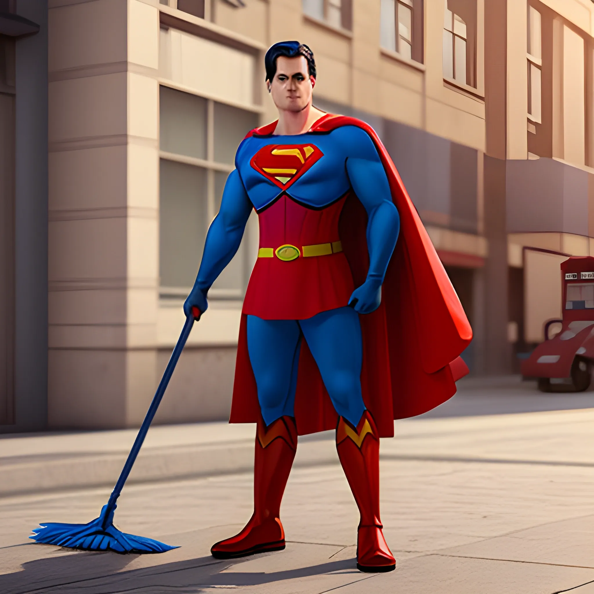 Create a street sweeper superhero similar to Superman with a red cape, a shield with the letter S on his chest in 3D style with a broom in his hand.