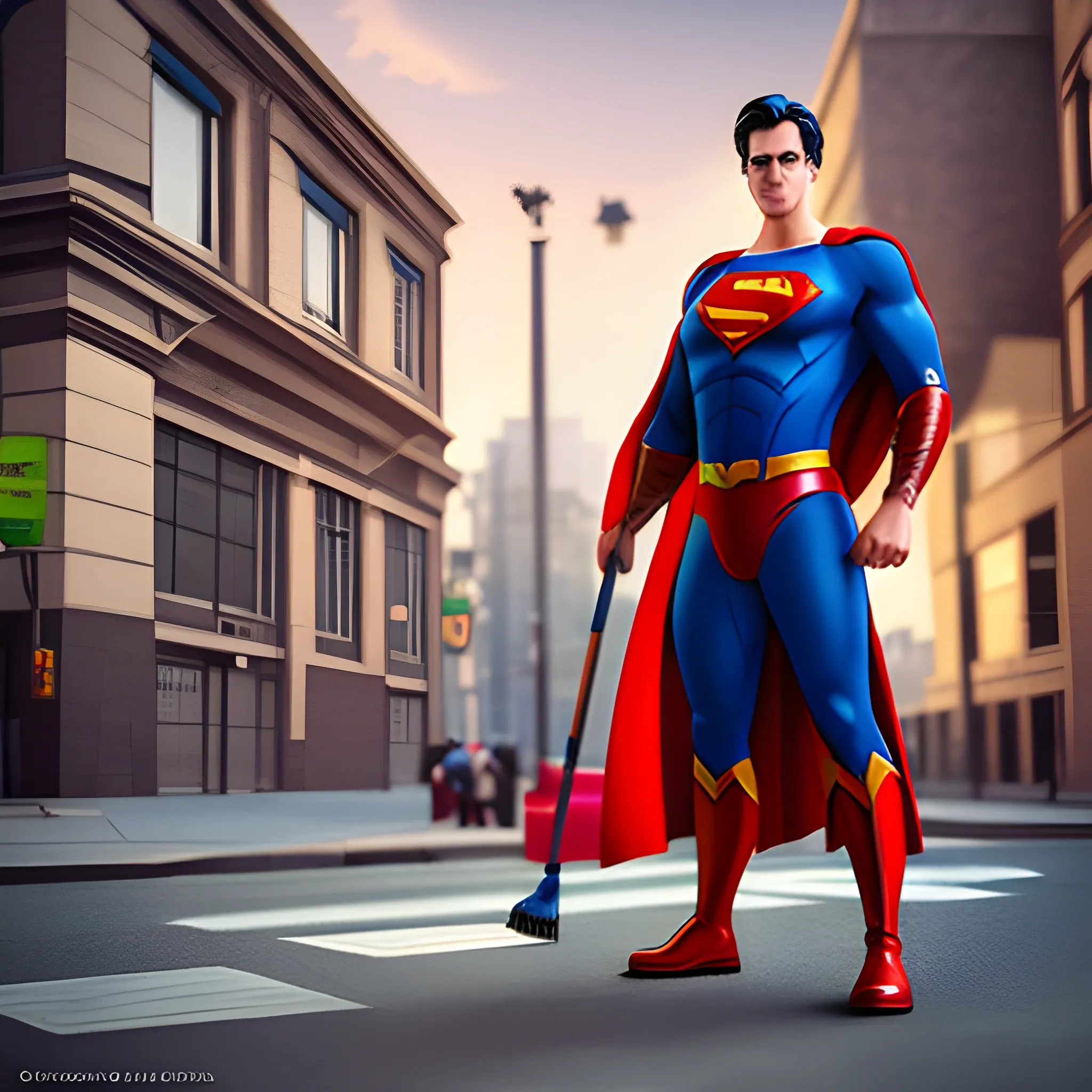 Create a street sweeper superhero similar to Superman with a red cape, a shield with the letter S on his chest in 3D style with a broom in his hand.