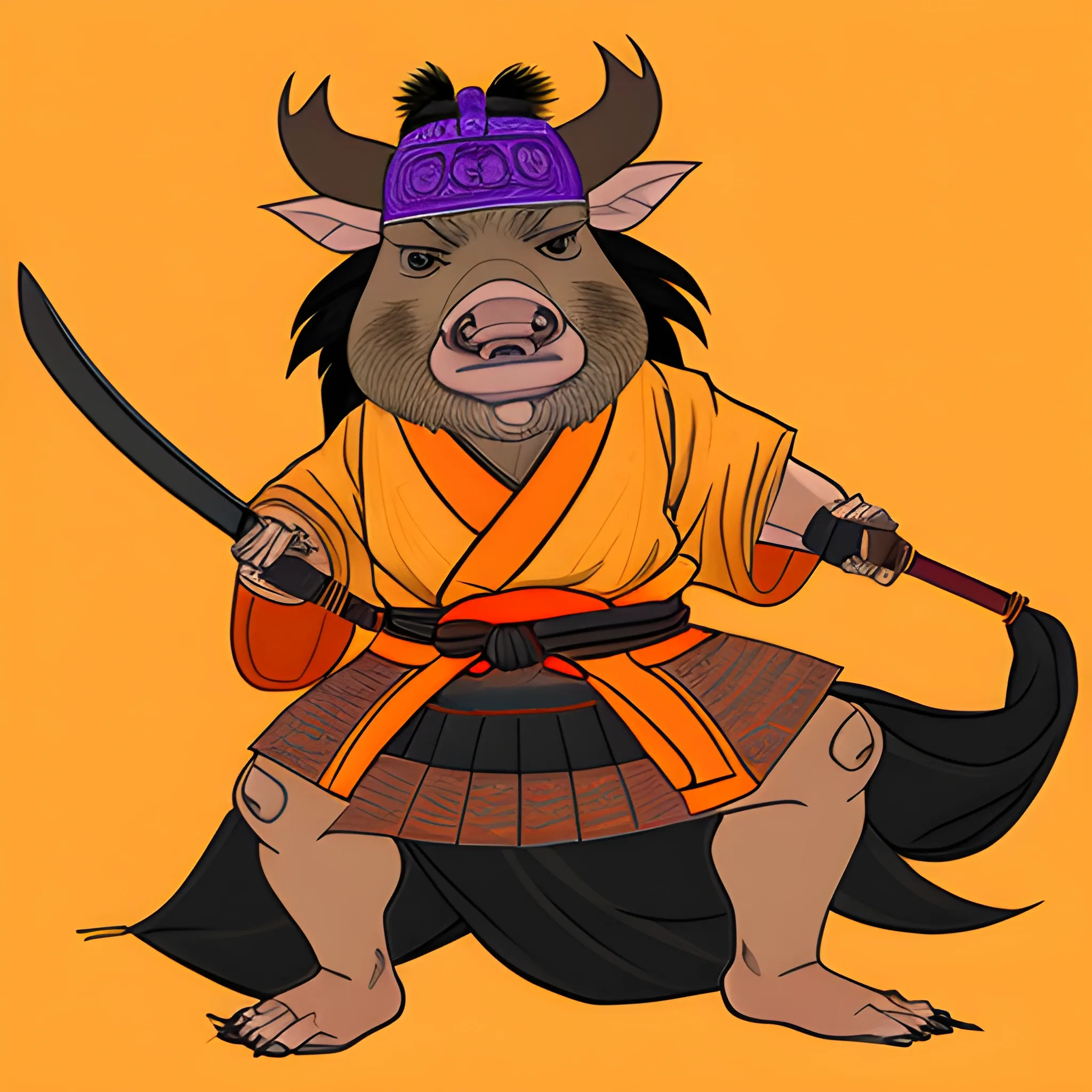 Boar wearing a orange kimono with a golden rope around his waist where he has tied a katana with a purple sheath. On his head he wears a kasa hat black and his hair dark and long is tied like a samurai, anime