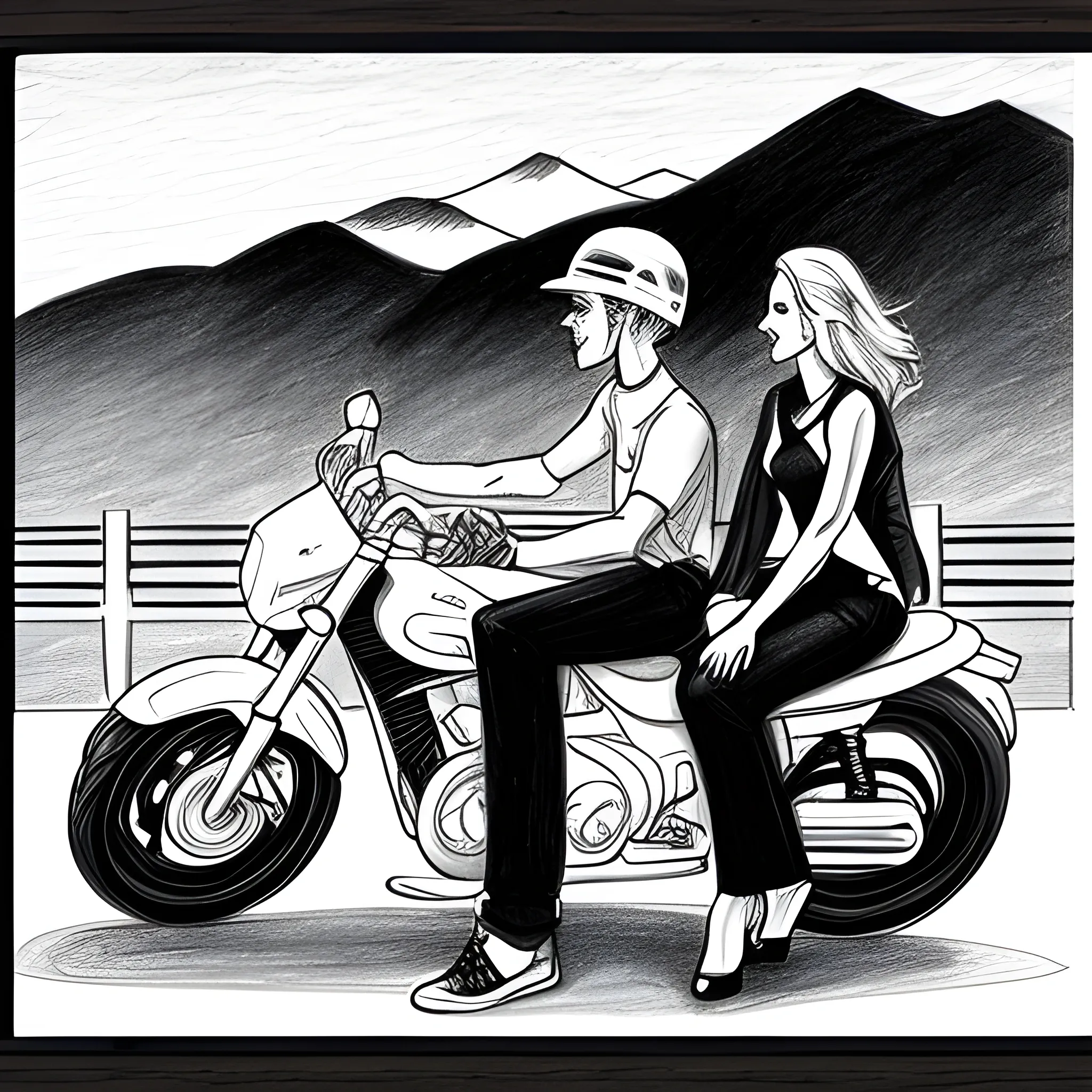 a sunset with mountains, a couple on a street style motorcycle, just the couple in black and white, pencil drawing, Pencil Sketch