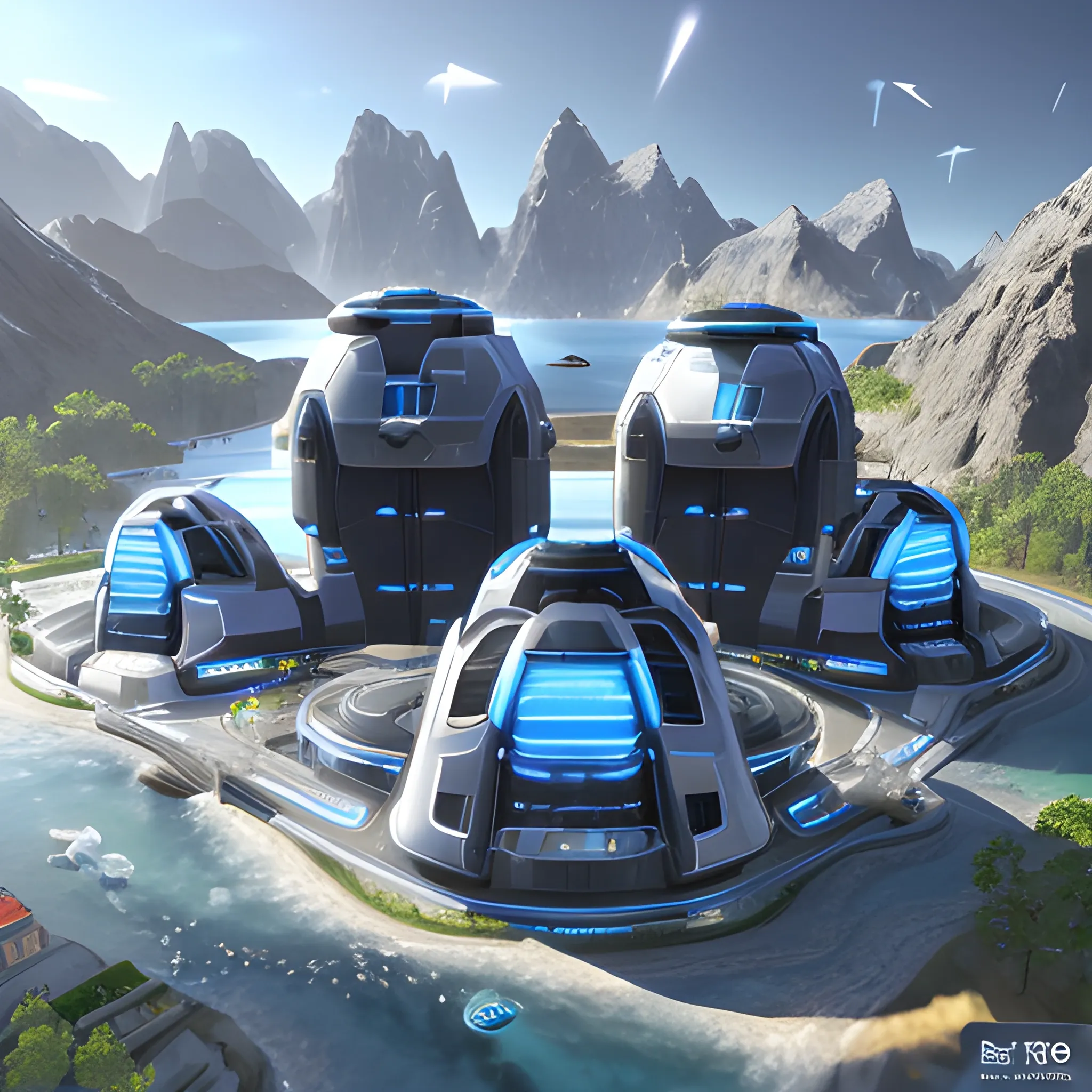 anno 2205 style, temperate, sunny, clear sky, top-down view, futuristic building factory made of metal black structures, people, futuristic, beautiful, Realistic proportions, rim light, with exit in the all sides, only one big build in the center, 3D