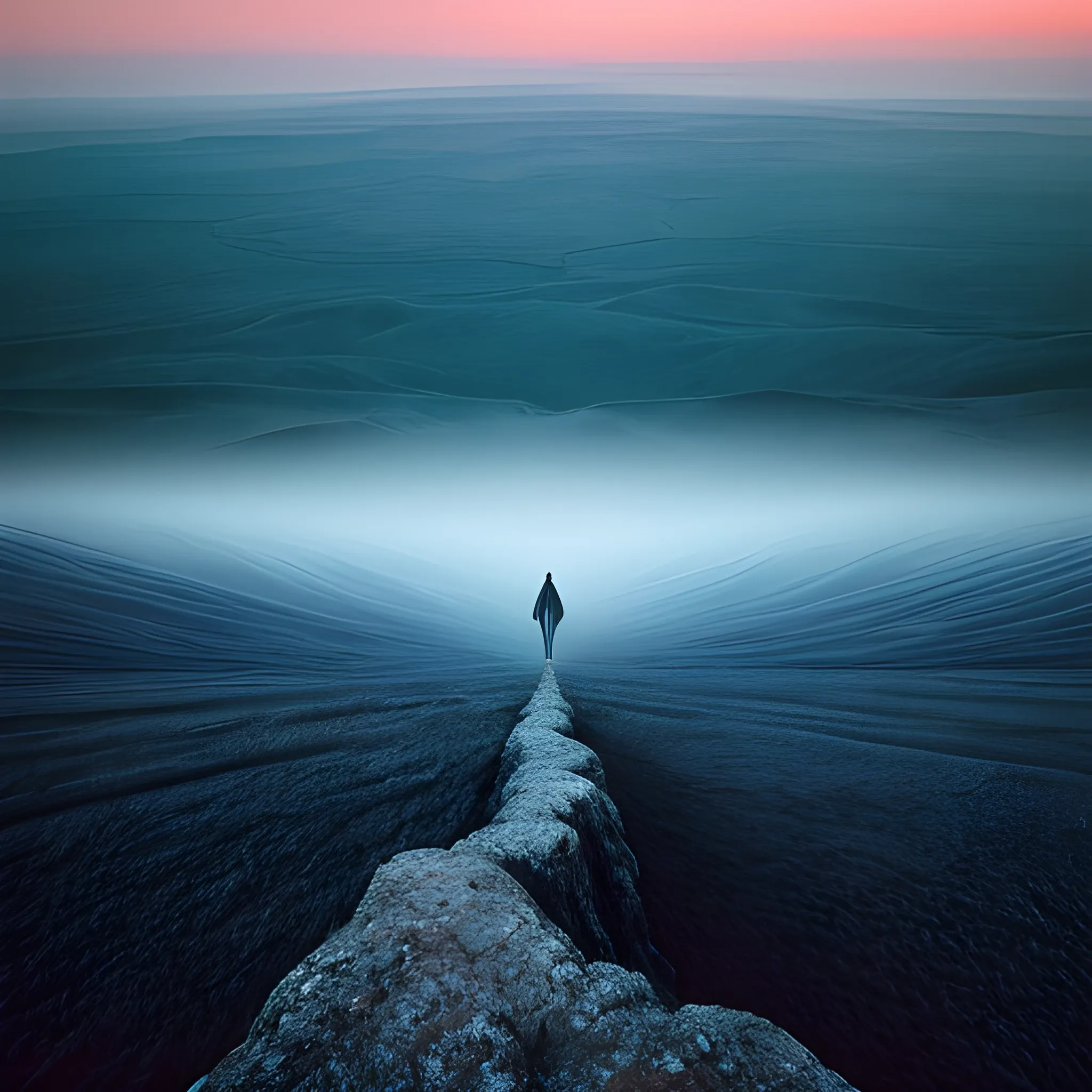 A lone human figure stands silhouetted against a vast, barren landscape stretching endlessly in all directions. The person appears tiny and insignificant amidst the boundless terrain. At the distant horizon, just a sliver of sunlight peeks out, barely visible yet hinting at the promise of dawn. The sky is still dominated by the deep hues of night, gradually transitioning to softer pre-dawn colors near the horizon. The entire scene is shrouded in a cool, ethereal light, creating a profound sense of solitude and anticipation. The composition evokes a feeling of isolation, wonder, and the timeless connection between humanity and the immensity of nature. First light, blue hour, minimalist horizon, subtle dawn, atmospheric, ultra-wide angle, hyper-realistic, moody lighting, 8k resolution, highly detailed