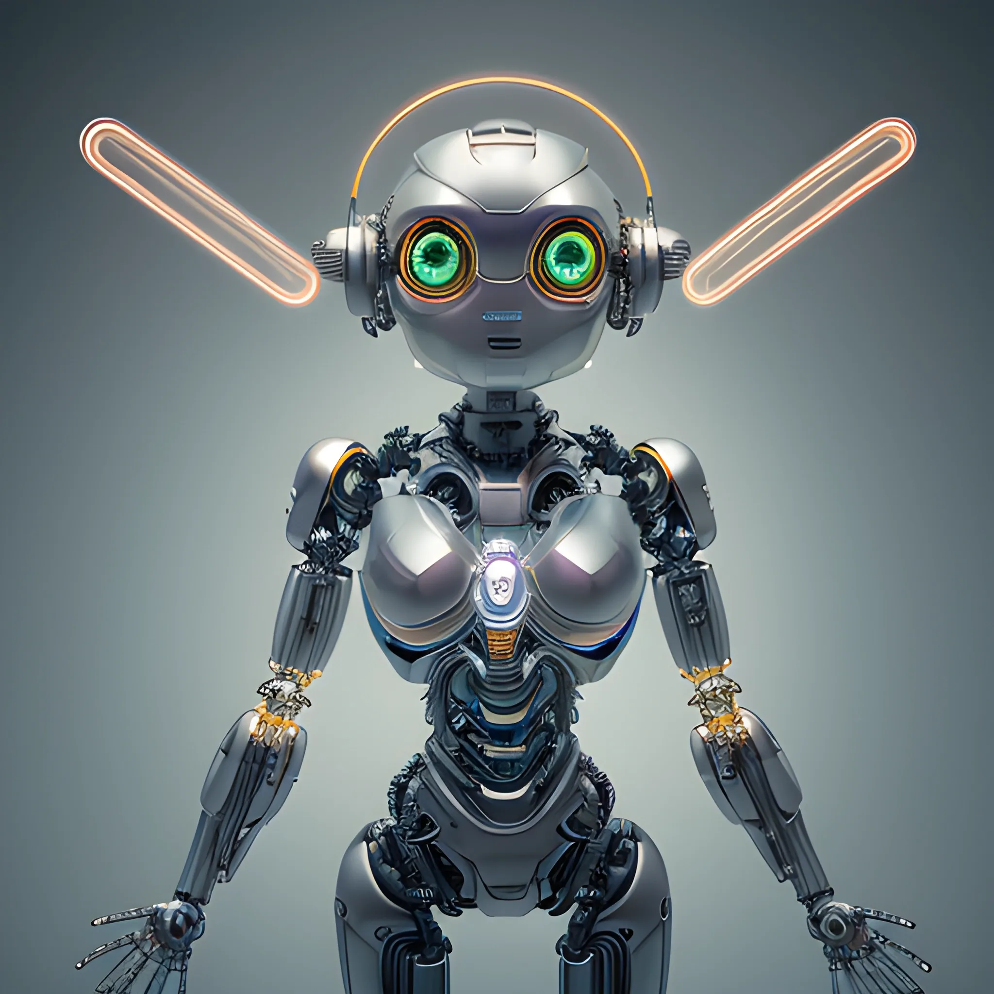 A hyper-detailed complex 3d render of a cute cyborg robot made out of shinning metal, glowing cinematic, detailed wire, holy halo, vibrant details, unreal engine, octane render, cinematic shot, flawless detail, award-winning, expertly crafted, meticulously composed photography, creative, 8k, rim light, dynamic lighting , Hayao Miyazaki style, TIFF