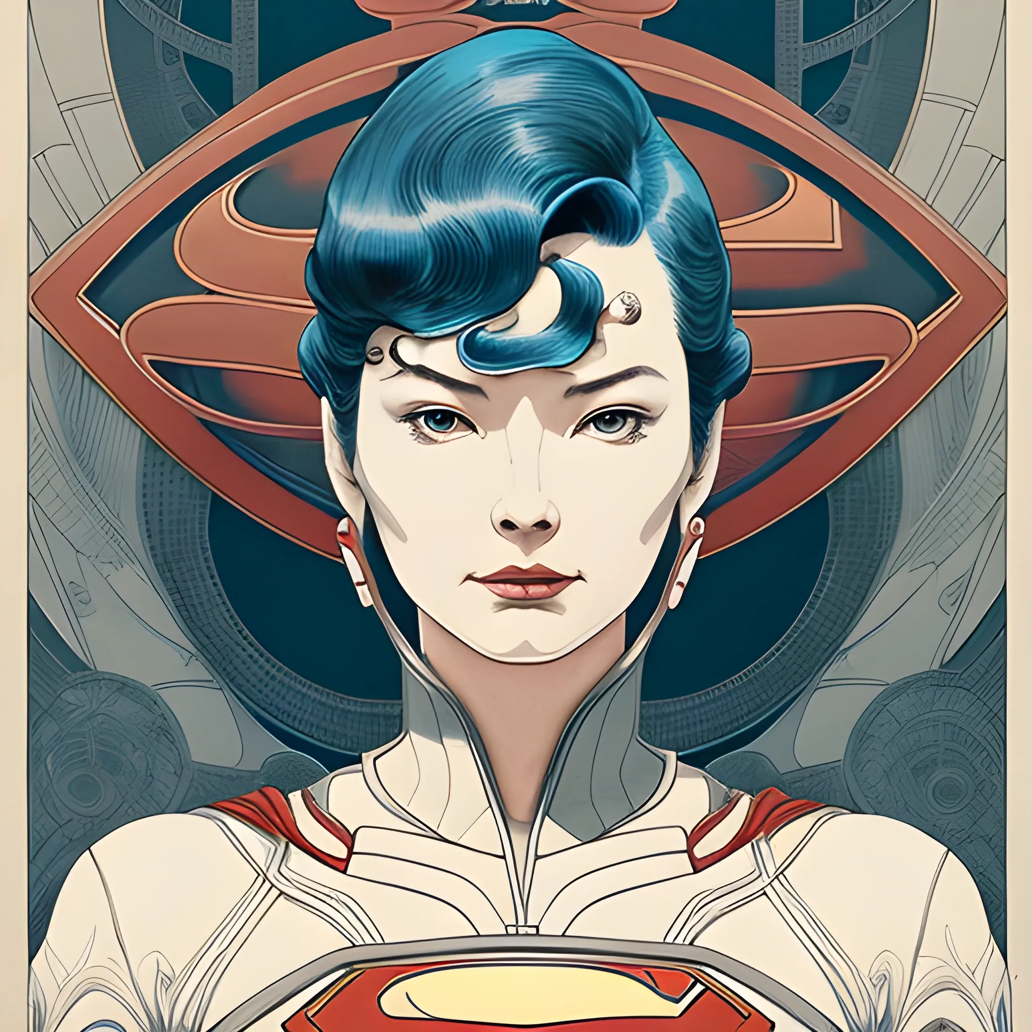 An elegant lady wearing a Superman costume, eye-catching detail, realistic ultra-detailed ,Glouw, by James Jean, by Takato Yamamoto, 1950 retrofuturism art, space machine, muted colors inspired by Jean-Baptiste Monge, TIFF