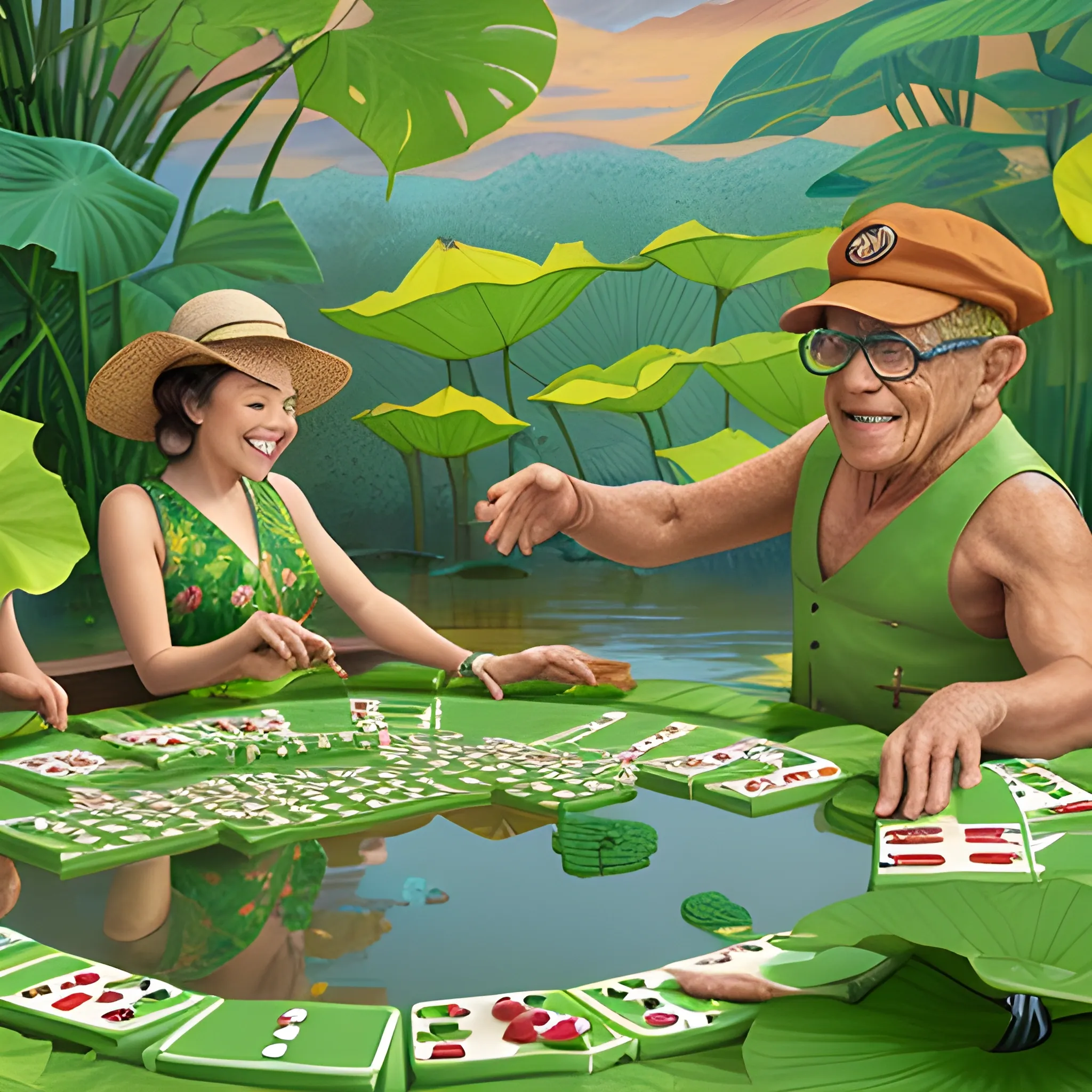 A scene set in a lush lake features a cheerful green frog, dressed in a colorful bikini, and a wise, elderly monkey in a newsboy cap and vest, engaged in a friendly game of dominoes on a weathered big lotus leaves. and the dominoes are arranged in a pattern between them. 