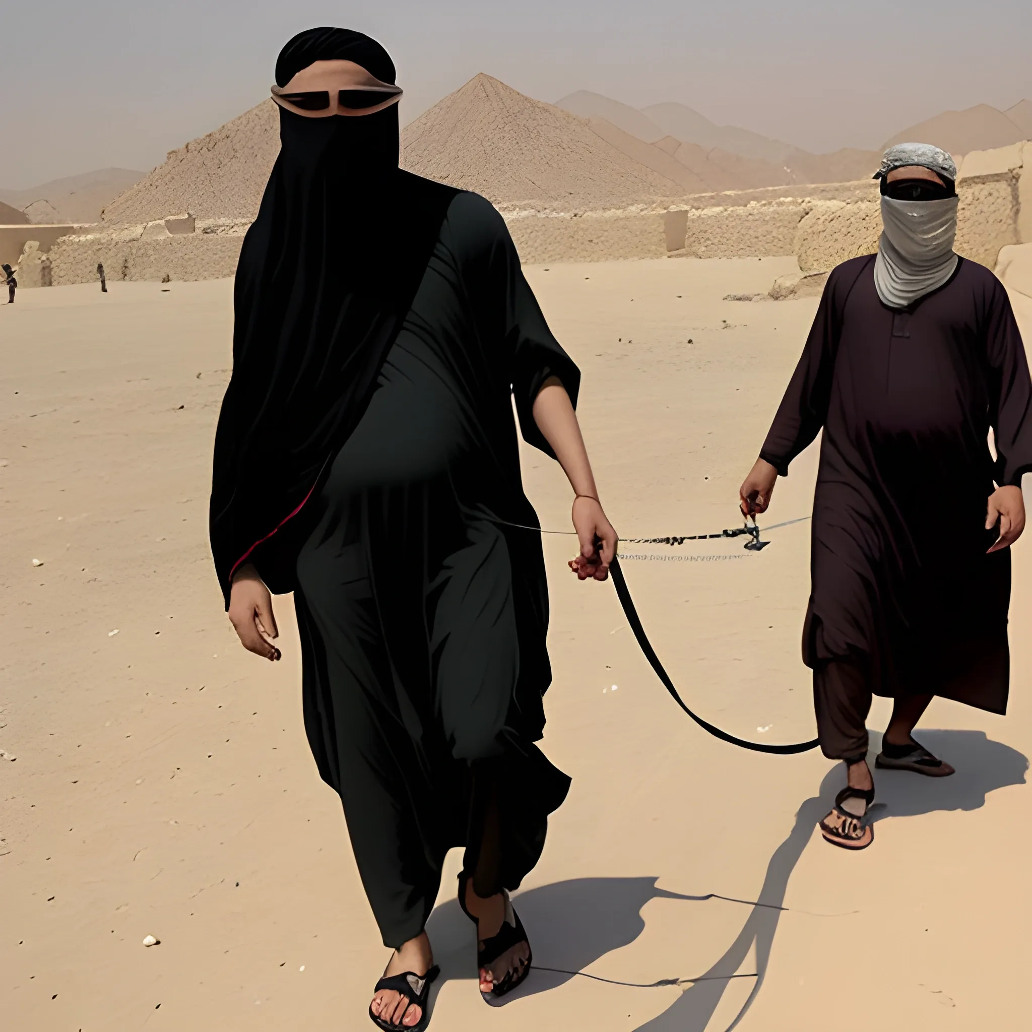 A taliban holding a leash of a woman in a burqa/niqab