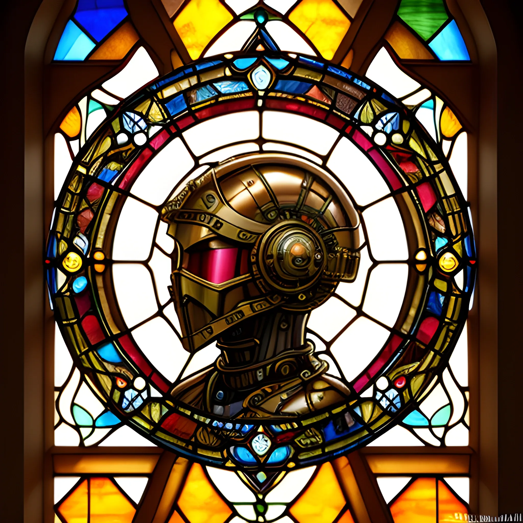 The image showcases a traditional stained glass window depicting an steampunk helmet fantasy art mask robot ninja stylized digital illustration sharp focus, elegant intricate digital painting artstation concept art global illumination ray tracing advanced technology chaykin howard and campionpascale and cooke darwyn and davis jack,flawless detail, award-winning, expertly crafted, meticulously composed photography, creative, 8k, rim light, dynamic lighting , , TIFF,The craftsmanship of the stained glass, with its leaded divisions and varying textures and hues, contributes to a sense of grandeur and historical significance.