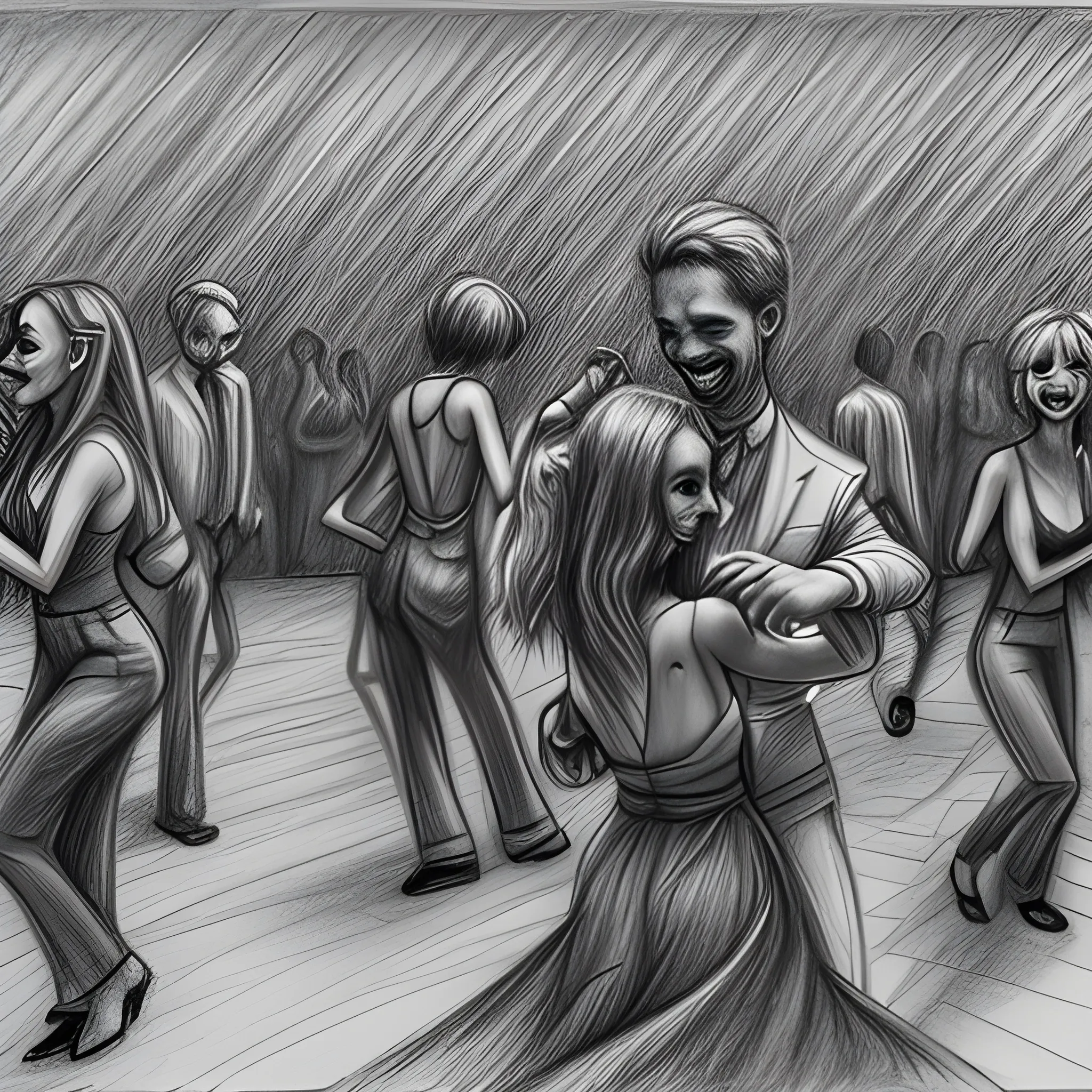 people dancing in a club, Trippy, Pencil Sketch