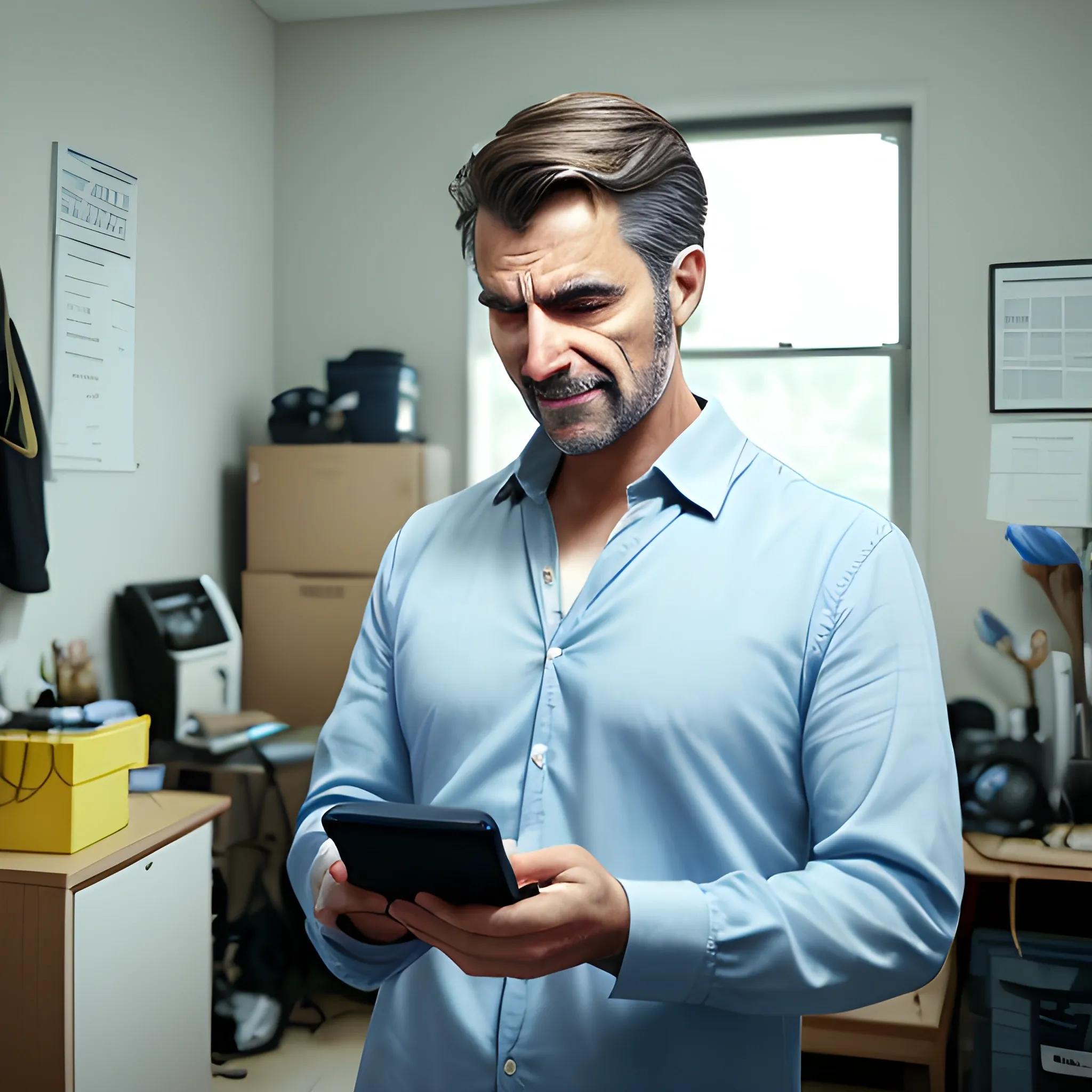 mage 1: A man holding his smartphone with a frustrated and angry expression on his face. He is standing in a cluttered room, with various items scattered around. The phone screen shows an incoming call from an unknown number, and his brow is furrowed, conveying his confusion and irritation. The lighting is somewhat dim, enhancing the mood of frustration.

Image 2: The same man now appears joyful and relaxed, smiling as he holds the same smartphone. The screen displays the caller's name, revealing that he knows who is calling. He is in the same room, but now it’s brighter and more organized, reflecting his positive mood. His body language is open, and he seems relieved and happy to have clarity about the call.