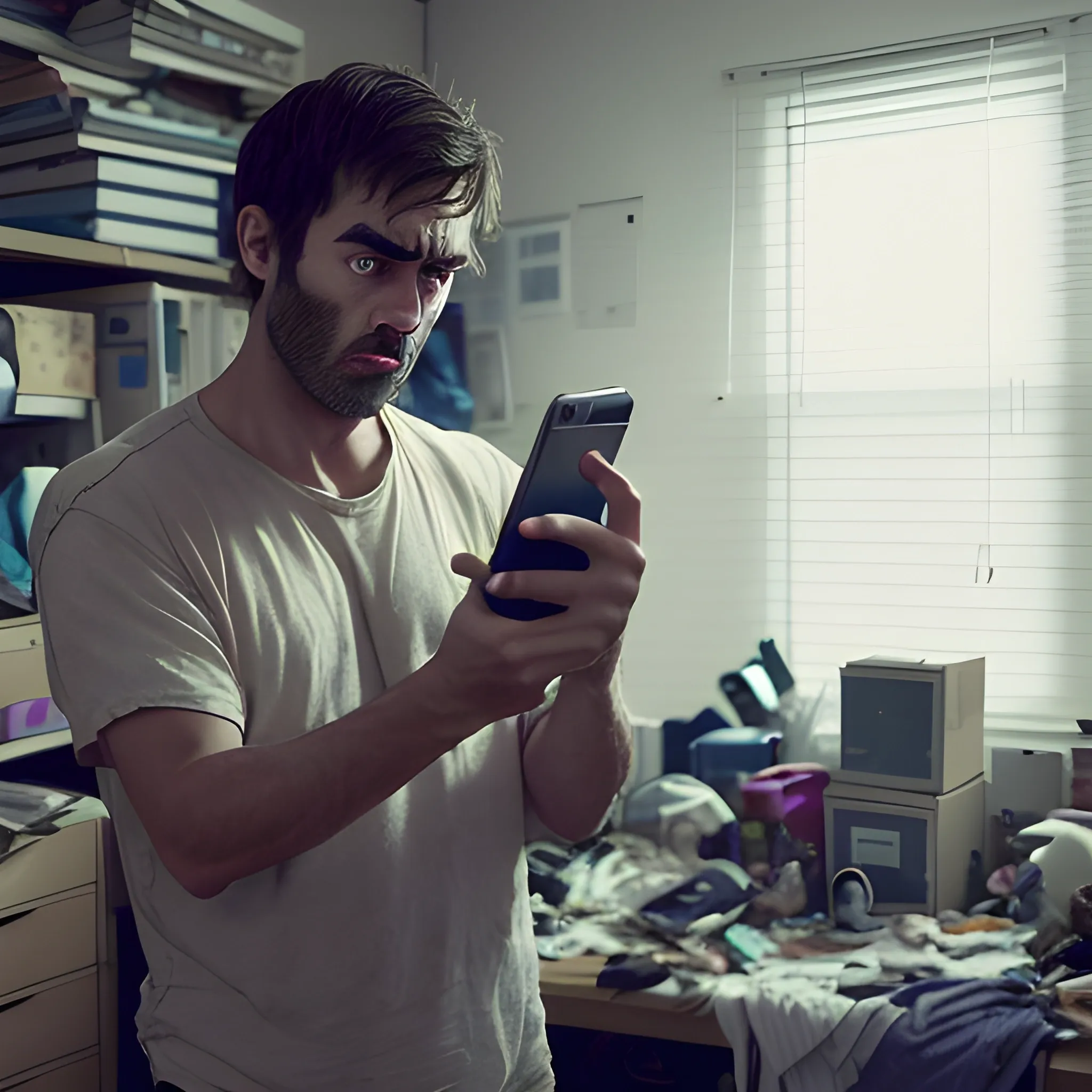 A man holding his smartphone with a frustrated and angry expression on his face. He is standing in a cluttered room, with various items scattered around. The phone screen shows an incoming call from an unknown number, and his brow is furrowed, conveying his confusion and irritation. The lighting is somewhat dim, enhancing the mood of frustration.
