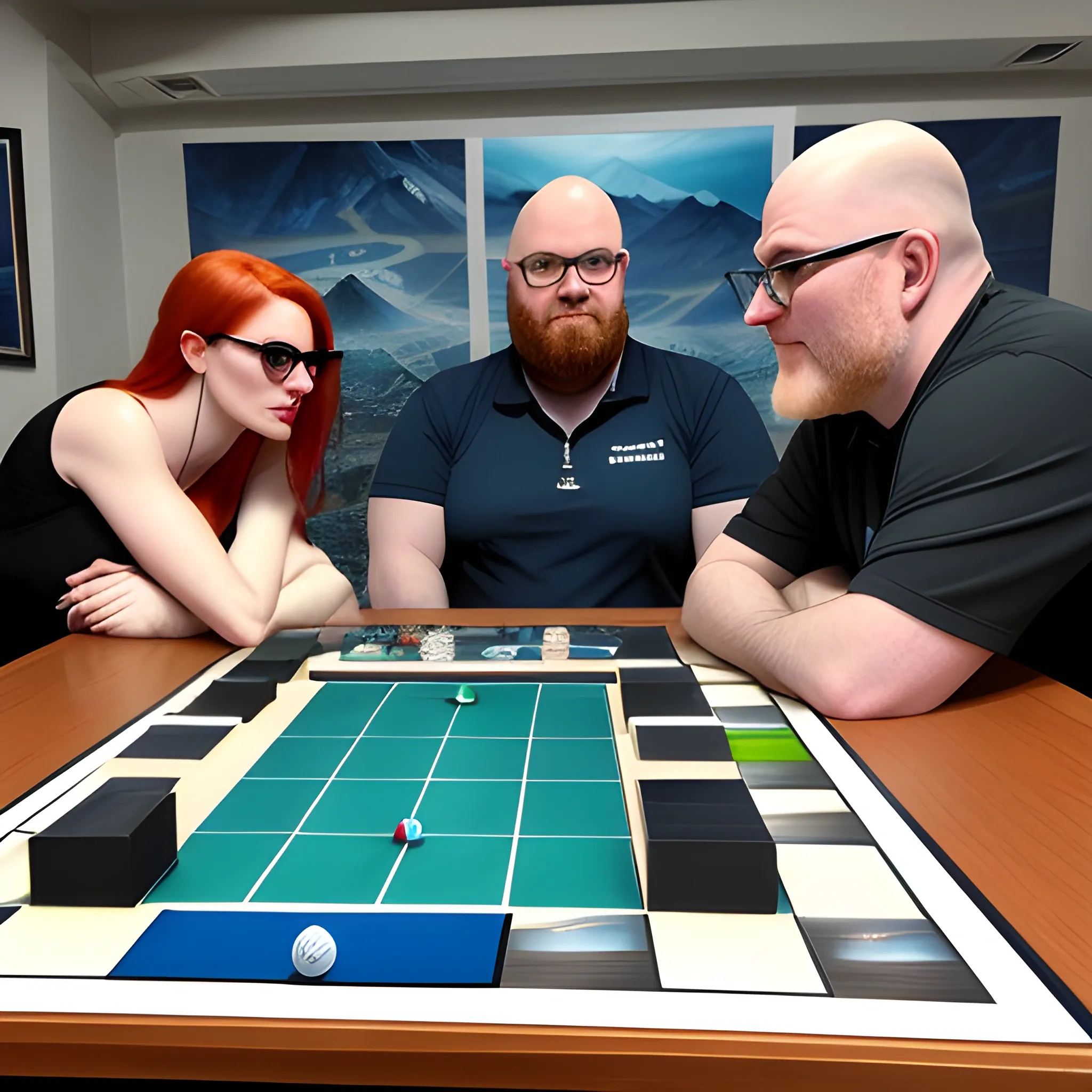 A red-haired girl, pale skin, and piercing blue eyes, wearing a mischievous expression, is sitting across from a boy with dark hair, blue eyes, and pale skin. They are intensely focused on playing the board game 'Terraforming Mars' by Jacob Fryxelius. The central game board features a hexagonal map of Mars with clearly defined regions, including blue ocean tiles, green areas representing greenery, and grey tiles for cities. Surrounding the board are player mats filled with resource cubes representing steal or plants, alongside project and corporation cards scattered across the table. At the top of the board, visual indicators show the planet's current oxygen levels, temperature, and ocean tiles.
Nearby, a slightly chubby man with glasses and a beard, nearby a bald man with pale skin, no beard, and sunglasses. Next to them, a woman with blue eyes, pale skin, and a ponytail stands, holding a small blonde baby, watching the game unfold.