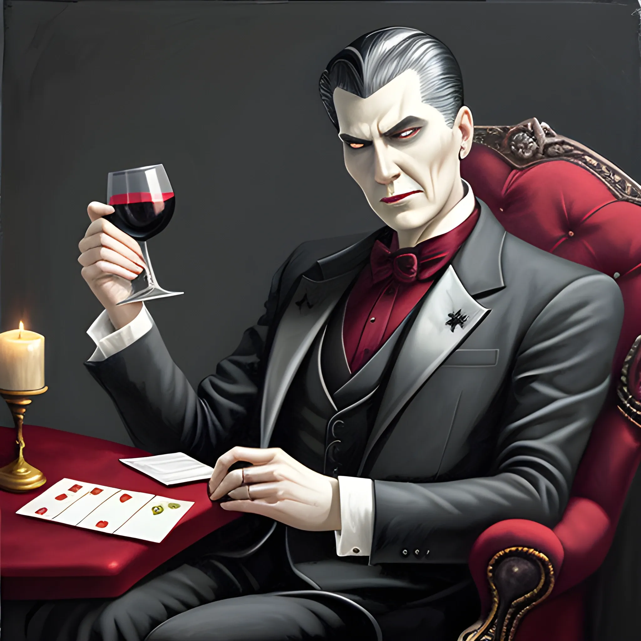 Oil painting, vampire with gray skin and slicked back hair, sitting on a throne with cards in one hand and a glass of wine in the other.