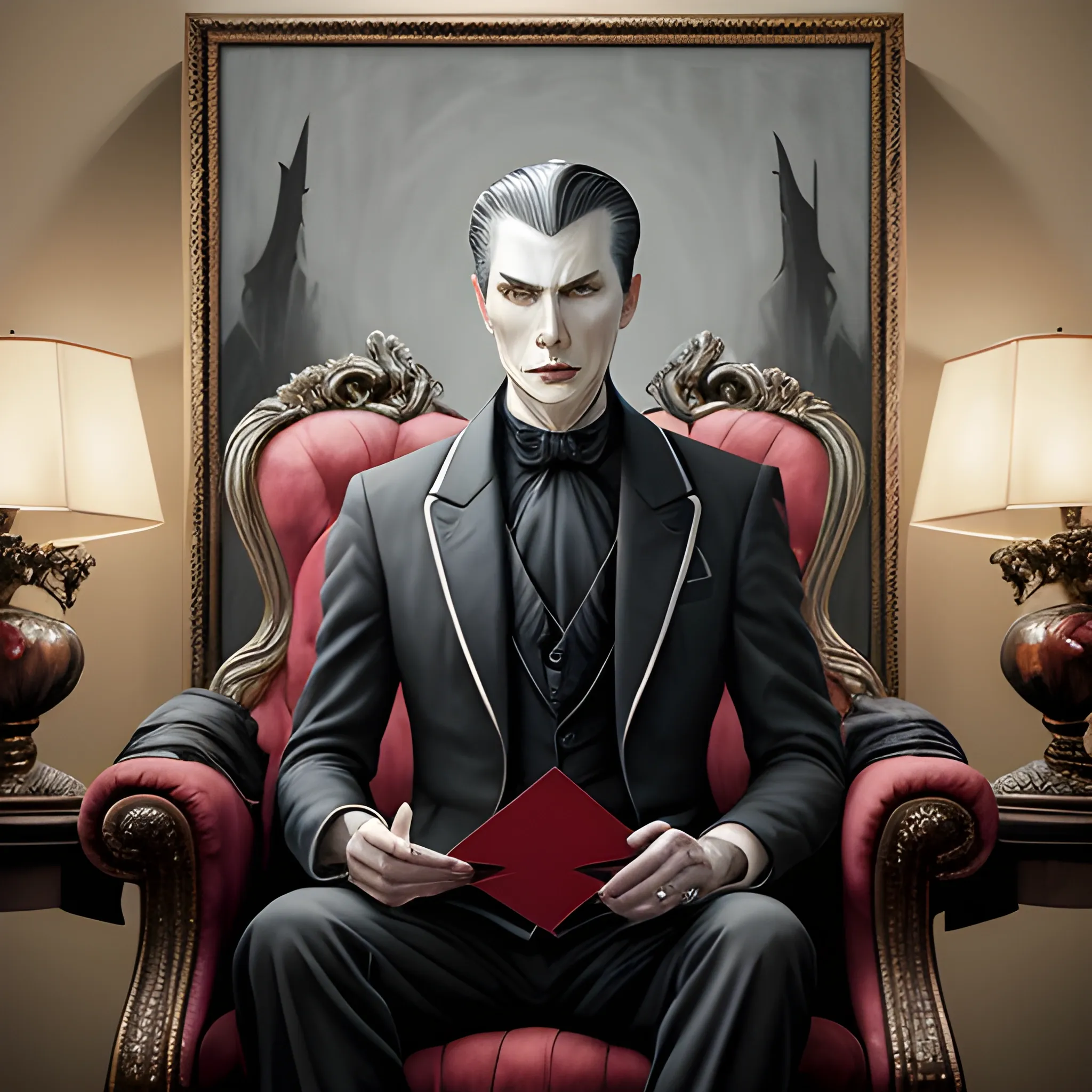 Oil painting, vampire with gray skin and slicked back hair, sitting on a throne with cards in one hand and a glass of stemless wine in the other.