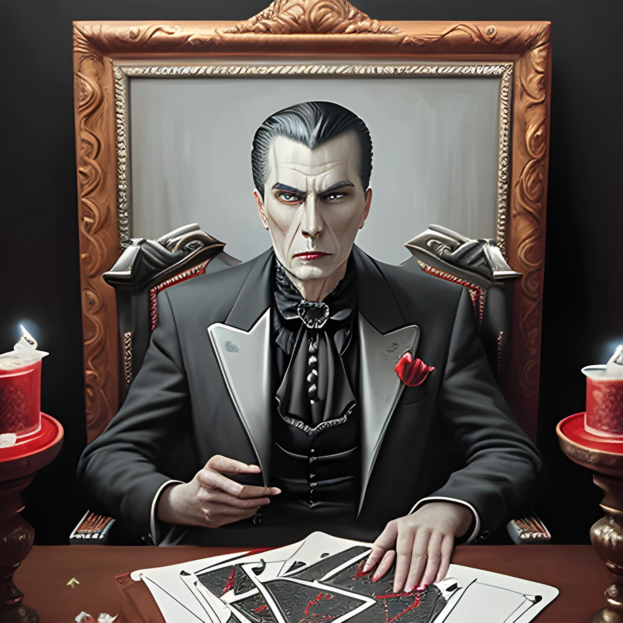 Oil painting, vampire with gray skin and slicked back hair, sitting on a throne with cards in one hand and a glass cup without handle in the other.