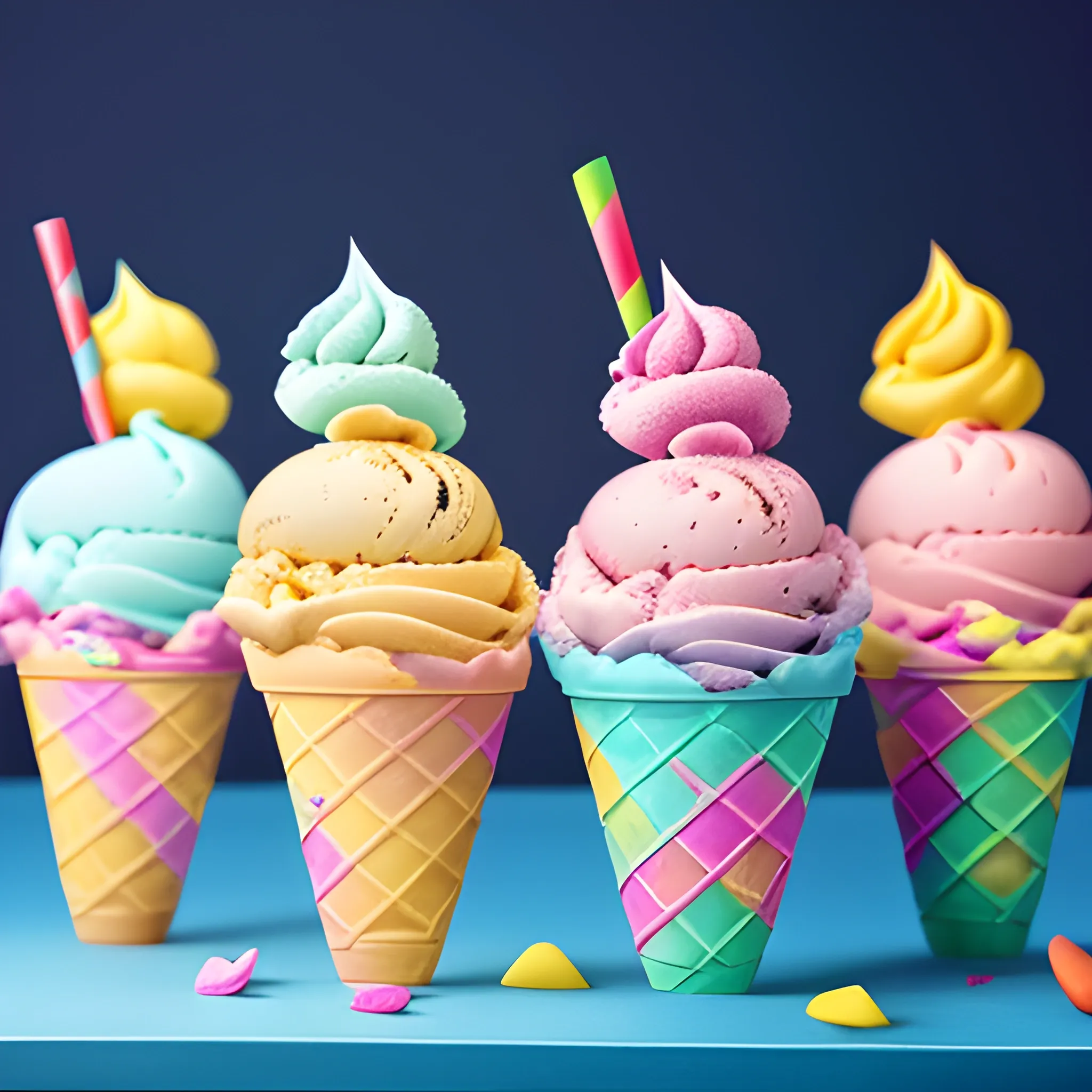 scoops of ice cream, commercial photograph taken on table, HD, high quality presentation photo of colorful anthropomorphic 
