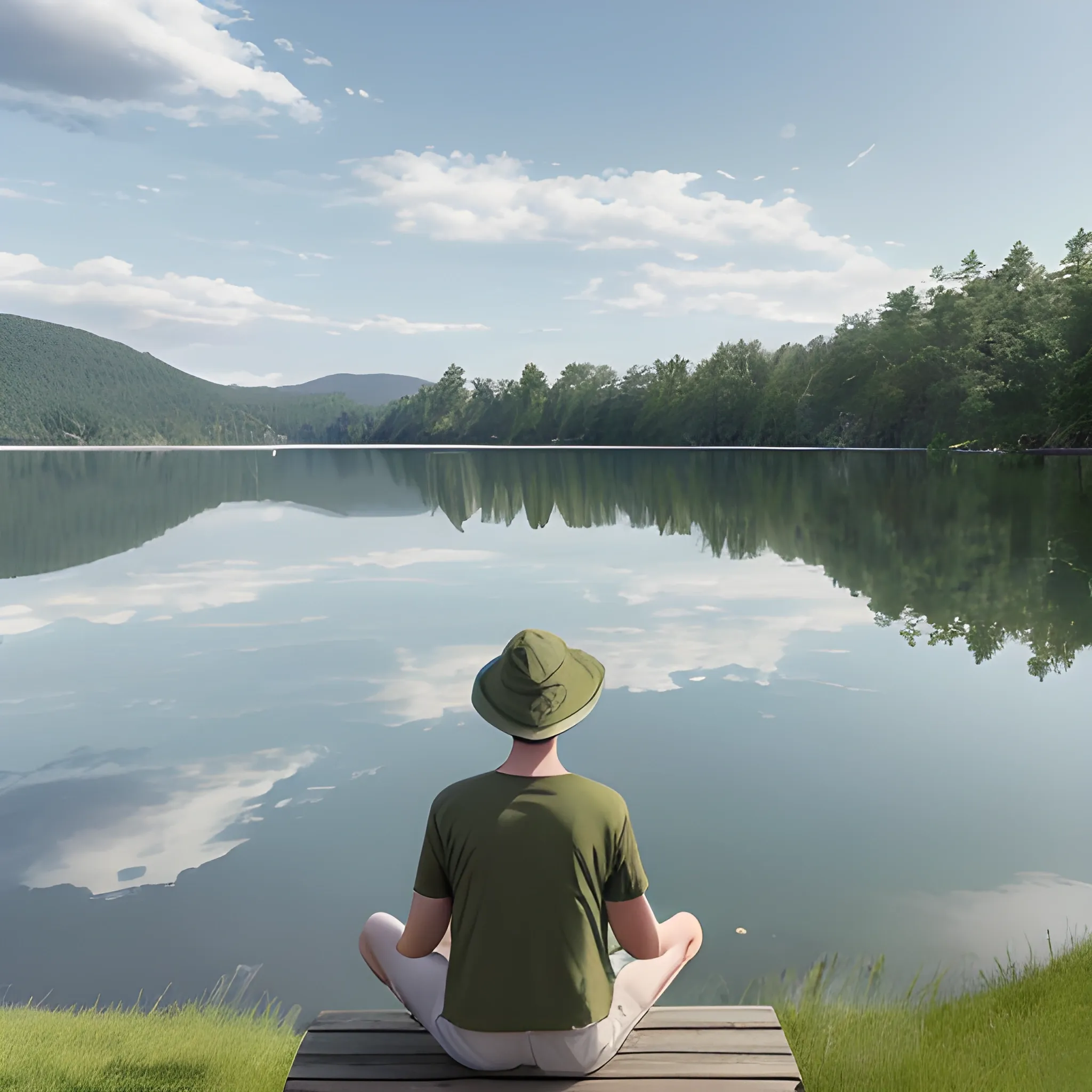 "A person sitting on an olive-green triangular folding canvas stool by a calm lake, viewed from both front and back. The person has a relaxed posture, gazing at the lake. The surroundings feature gentle ripples on the water, distant trees, and a soft, warm light reflecting off the surface. The stool is simple yet sturdy, blending well with the natural setting. The scene evokes tranquility, with a slight breeze ruffling the water and the grass nearby."